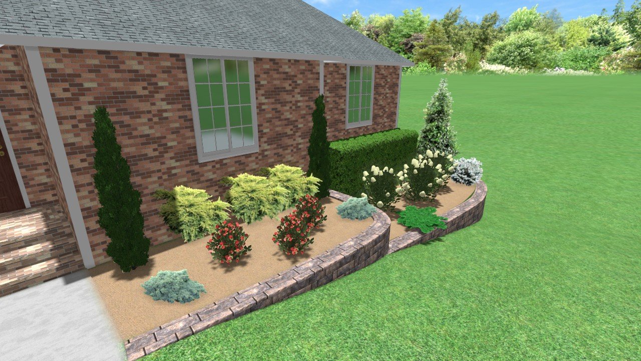 Digital illustration of a landscaped garden bed along a brick house wall with various shrubs, bushes, and small trees, bordered by a low brick wall, with a green lawn and trees in the background.
