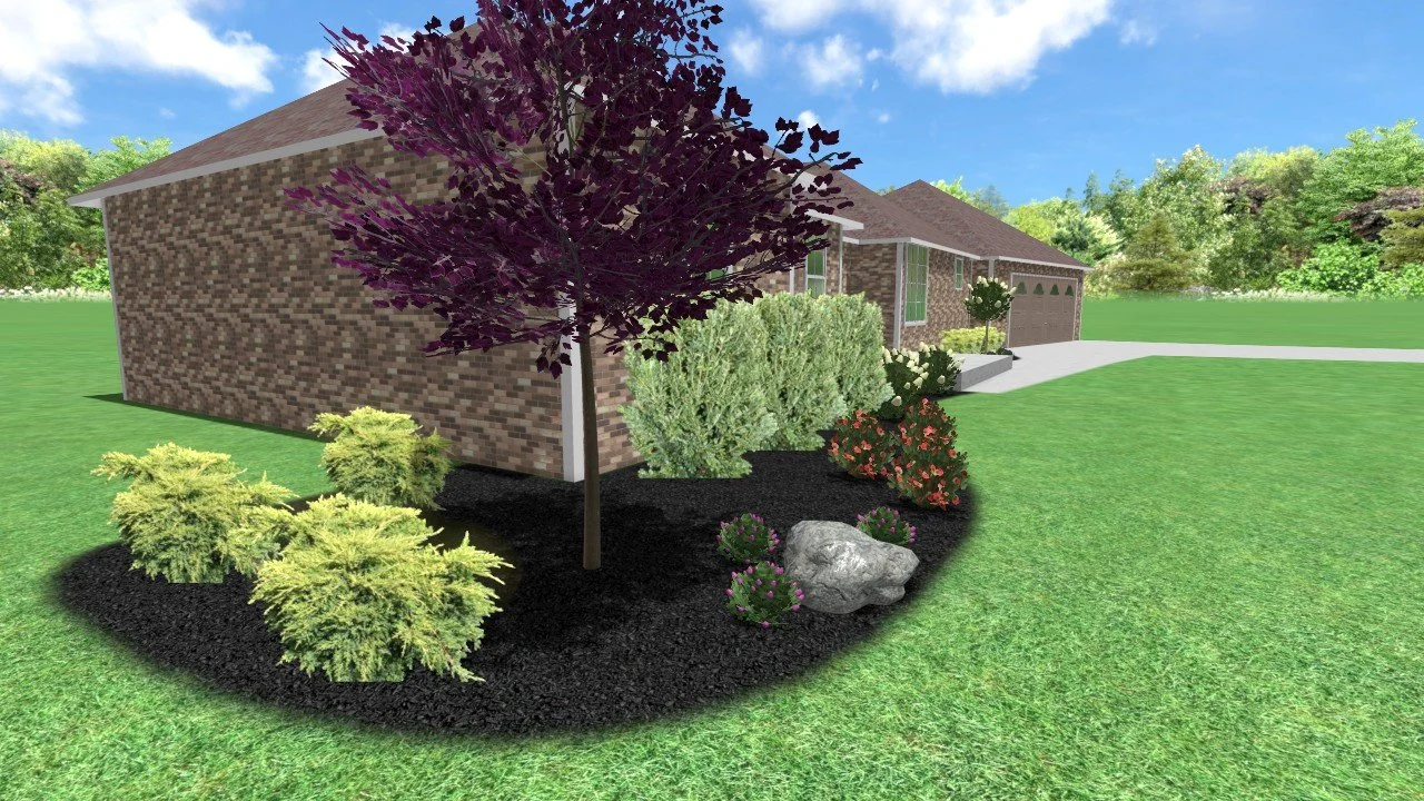 A landscaped yard with a brick house, a tree with dark purple leaves, various bushes, and flowering plants, on a bright sunny day.