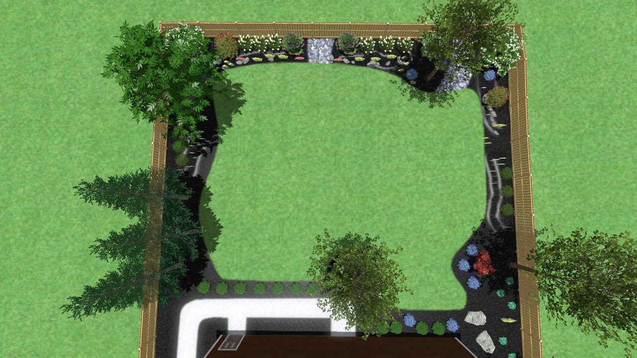 A landscaped backyard with a green lawn, surrounded by flower beds with colorful flowers, trees, and a wooden fence.