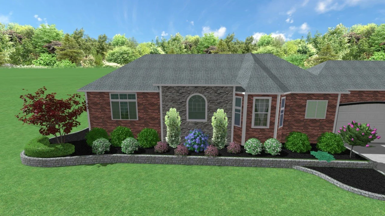 Digital rendering of a house with a landscaped front yard featuring bushes, small trees, and flowering plants, with a curved stone border and a driveway on the right.