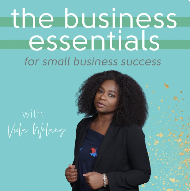 Cover of a book titled 'The Business Essentials for Small Business Success' with a woman with curly hair wearing a black blazer and dark blue top, standing against a aqua background with gold paint splatter.