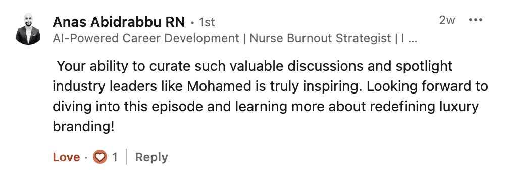 Screenshot of a LinkedIn comment from Anas Abidrabbu RN expressing admiration for Mohamed and discussing industry insights.