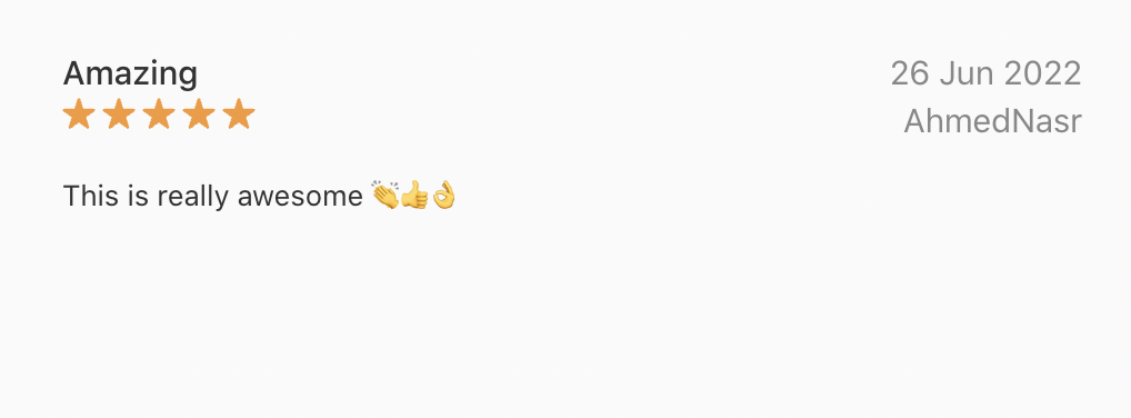 Online review with five stars, text saying 'This is really awesome' with clapping, thumbs up, and OK hand emojis, dated June 26, 2022, by Ahmed Nasr.