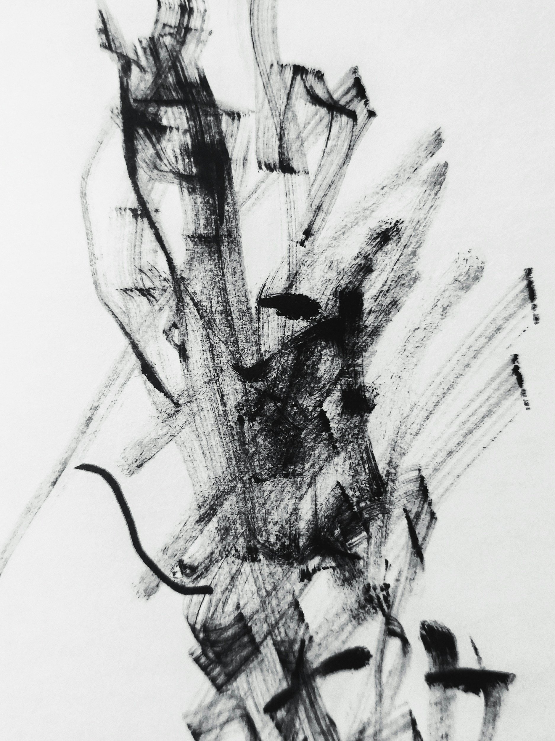 Abstract black and white sketch with rough, expressive lines and shading.