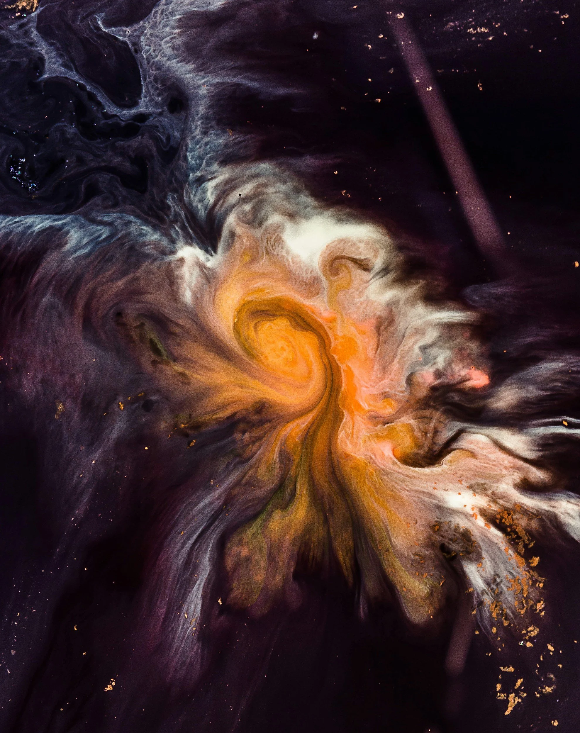 Abstract painting with swirling black, purple, orange, and white colors and gold flecks.