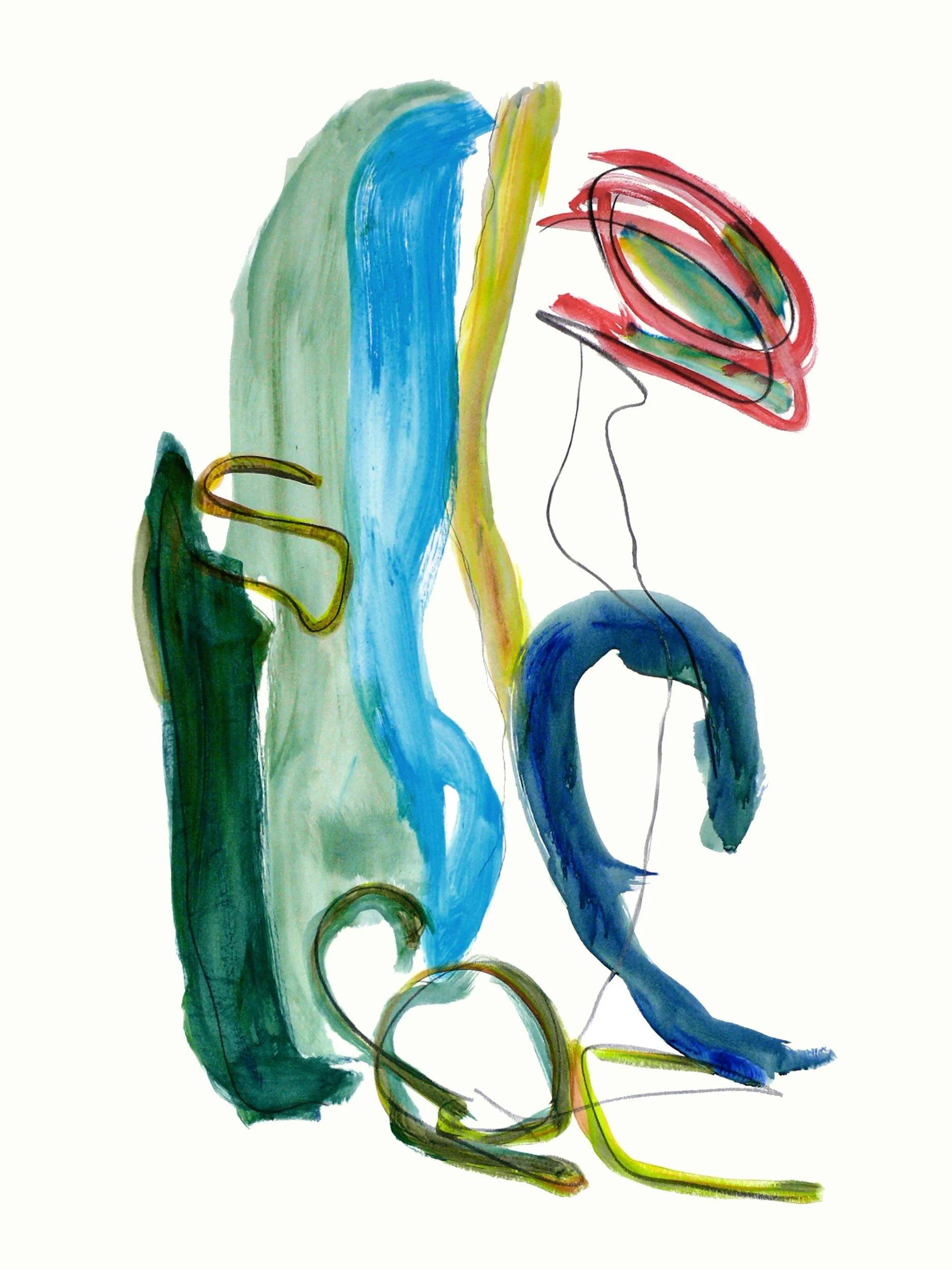 Abstract watercolor painting with flowing lines and bold colors including blue, green, red, and yellow.