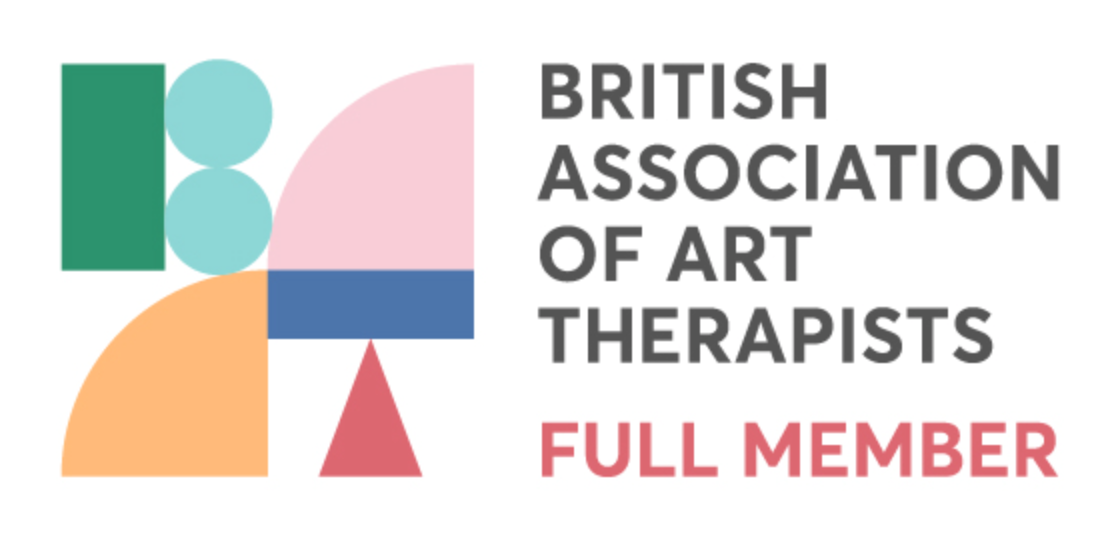 Logo of the British Association of Art Therapists, with geometric shapes in green, pink, blue, orange, and red, and text indicating full membership status.