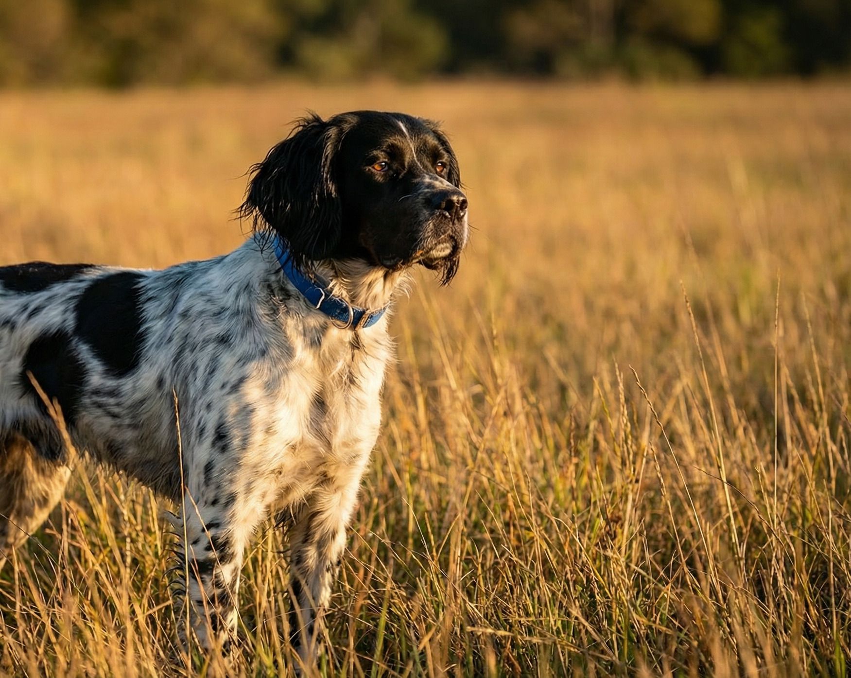 French Brittany bird dog portrait showing alert expression and natural hunting instincts, black and white Epagneul Breton