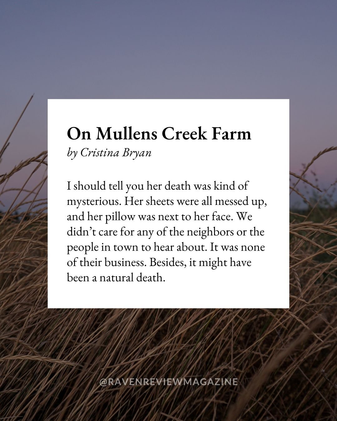 &ldquo;On Mullens Creek Farm&rdquo; by Cristina Bryan, published in VII, I. Find the entire story on our website.