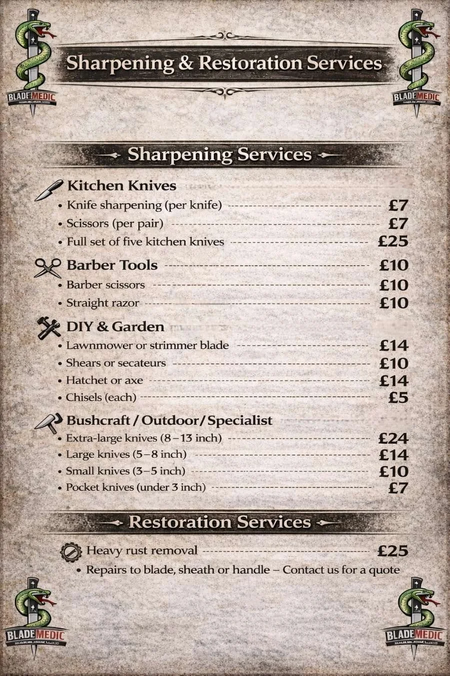 Price list for sharpening, restoration, and gardening services at Blade Medic, including knife sharpening, barber tools, garden tools, bushcraft knives, and restoration. Prices range from £5 to £25.