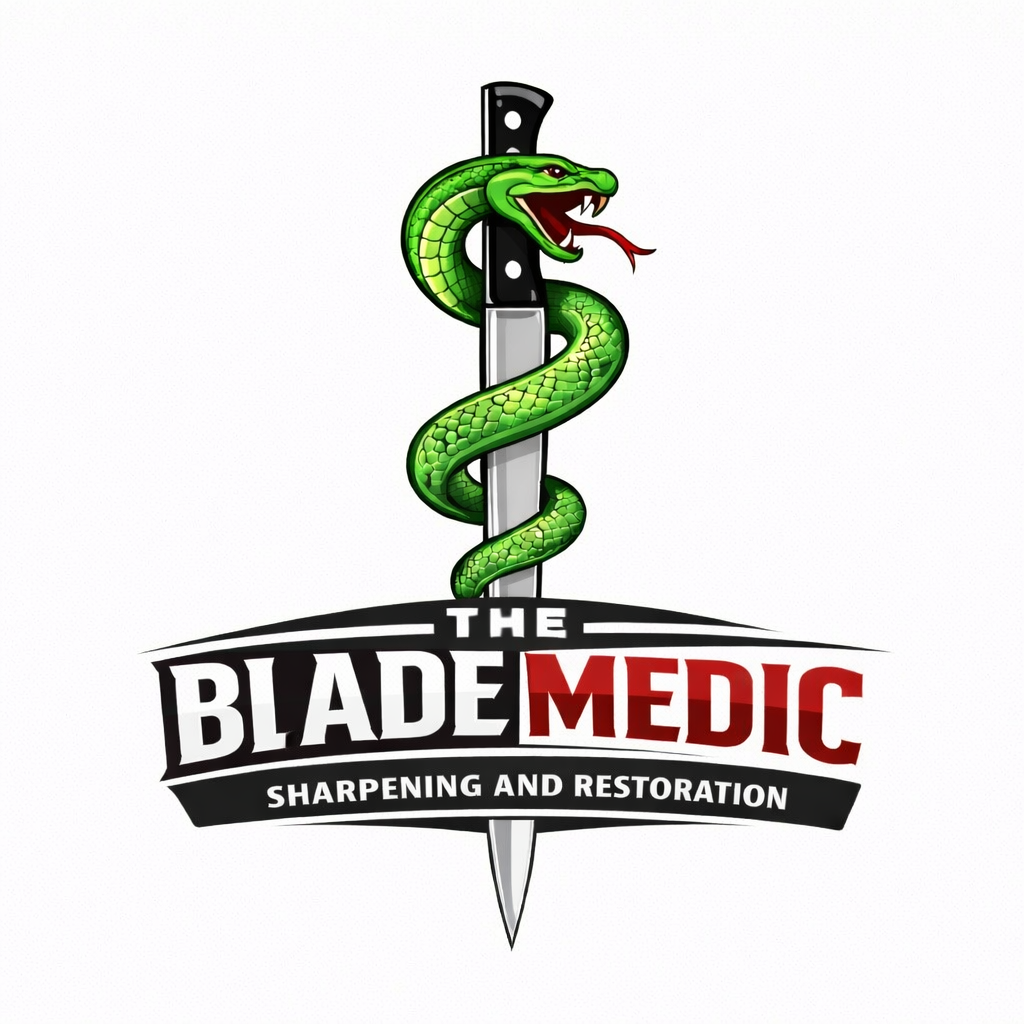 Logo featuring a green snake wrapped around a black green knife with red eyes and a forked tongue, with the text 'The Blade Medic' and 'Sharpening and Restoration'.