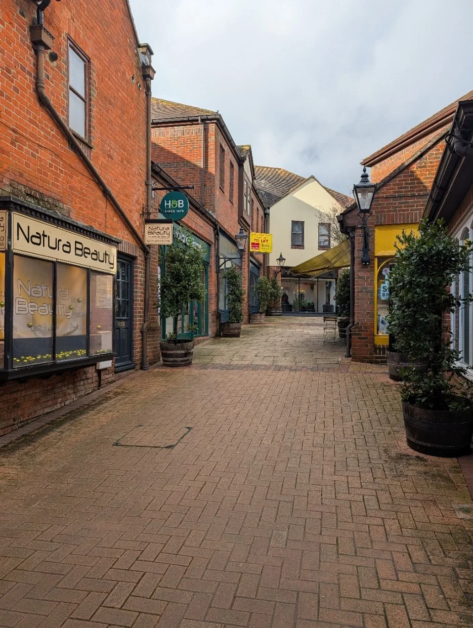 A pedestrian street with brick buildings, shops, potted plants, and a lamp post, under a partly cloudy sky.