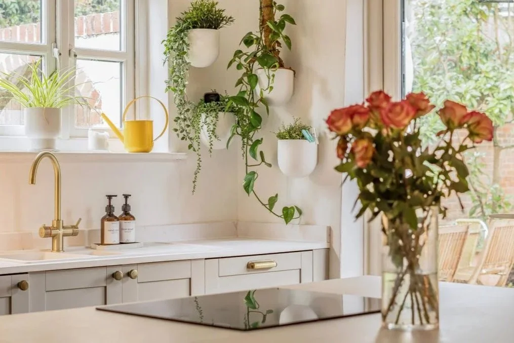 A bright kitchen with a window ledge holding potted plants, a yellow watering can, and a window view of greenery outside. There are hanging plants on the wall and a bouquet of pink roses in a glass vase on the counter.