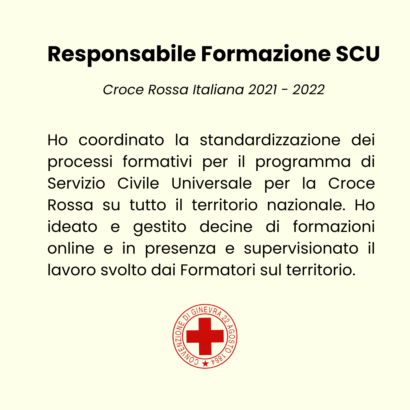 Lettera di presentazione della Croce Rossa Italiana 2021-2022, con testo che descrive la coordinazione dei processi formativi e la supervisione dei formatori, accompagnata dal logo della Croce Rossa italiana.