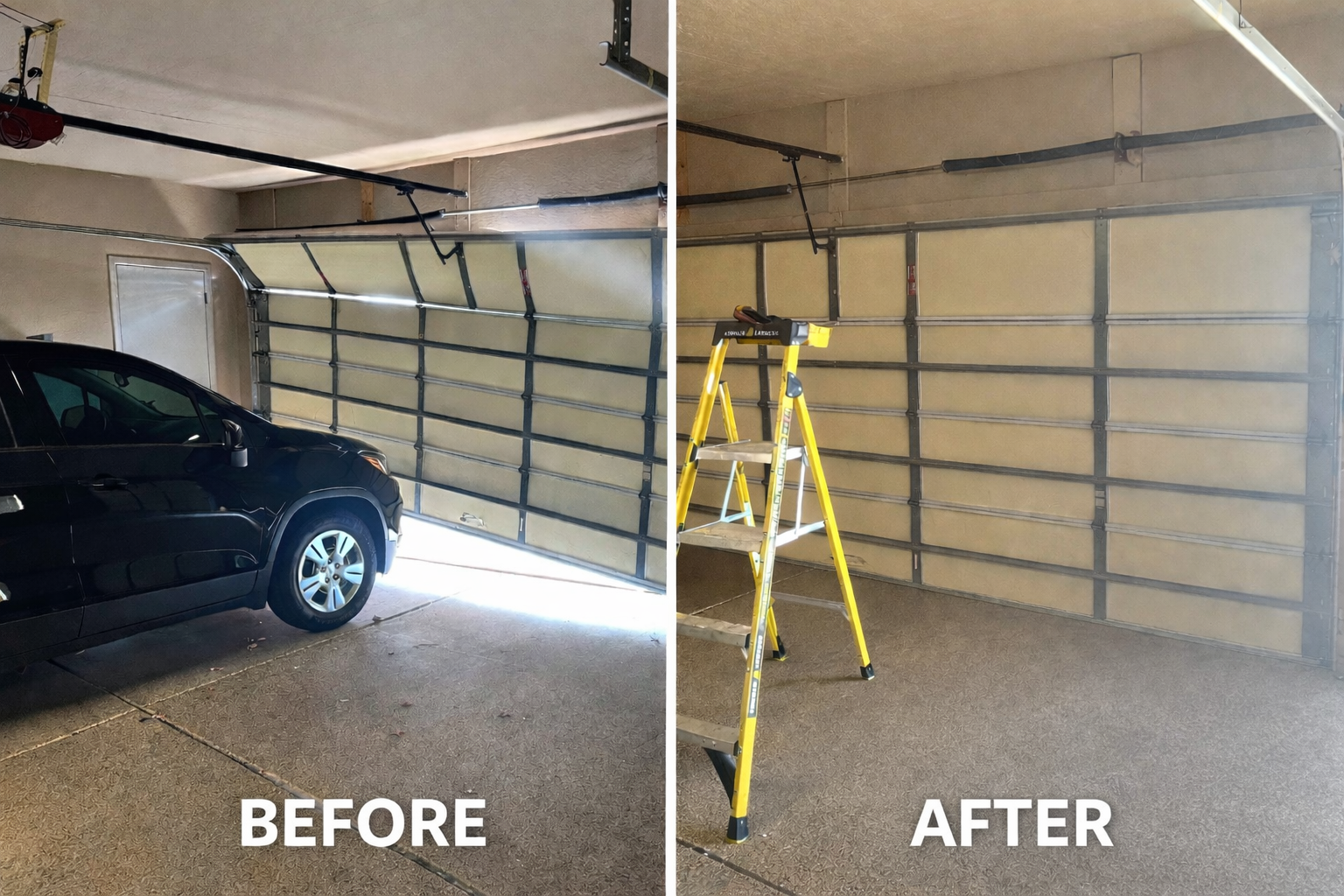 Before and after garage door repair service in Arizona by Door Flex