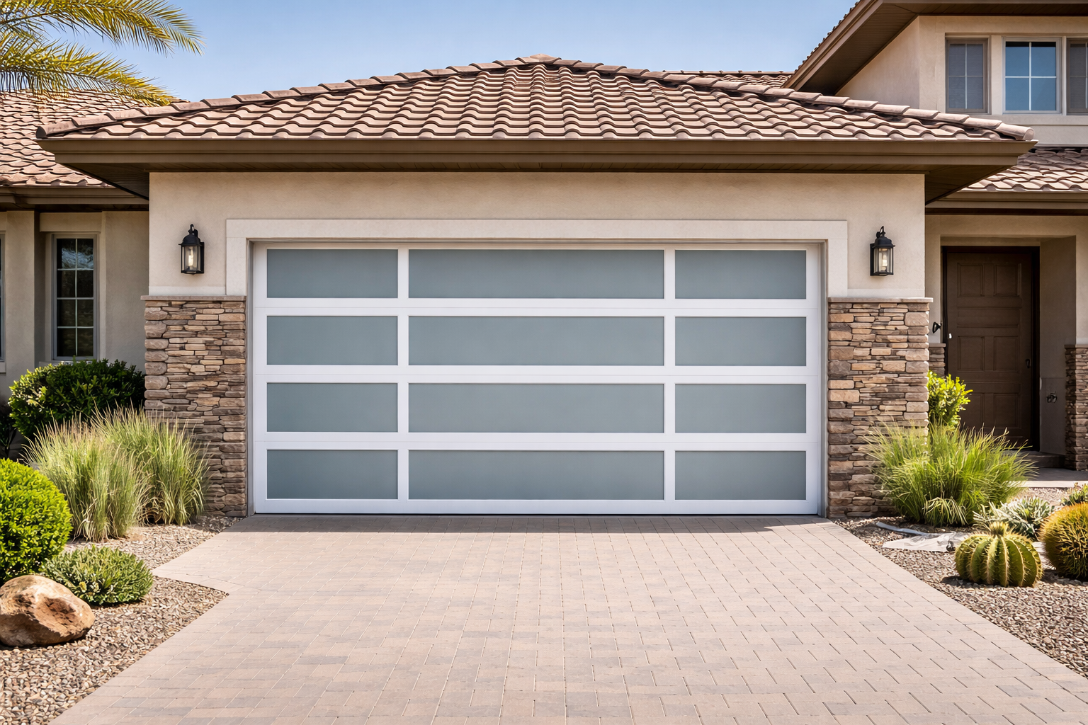 Modern white garage door installation in Arizona by Door Flex