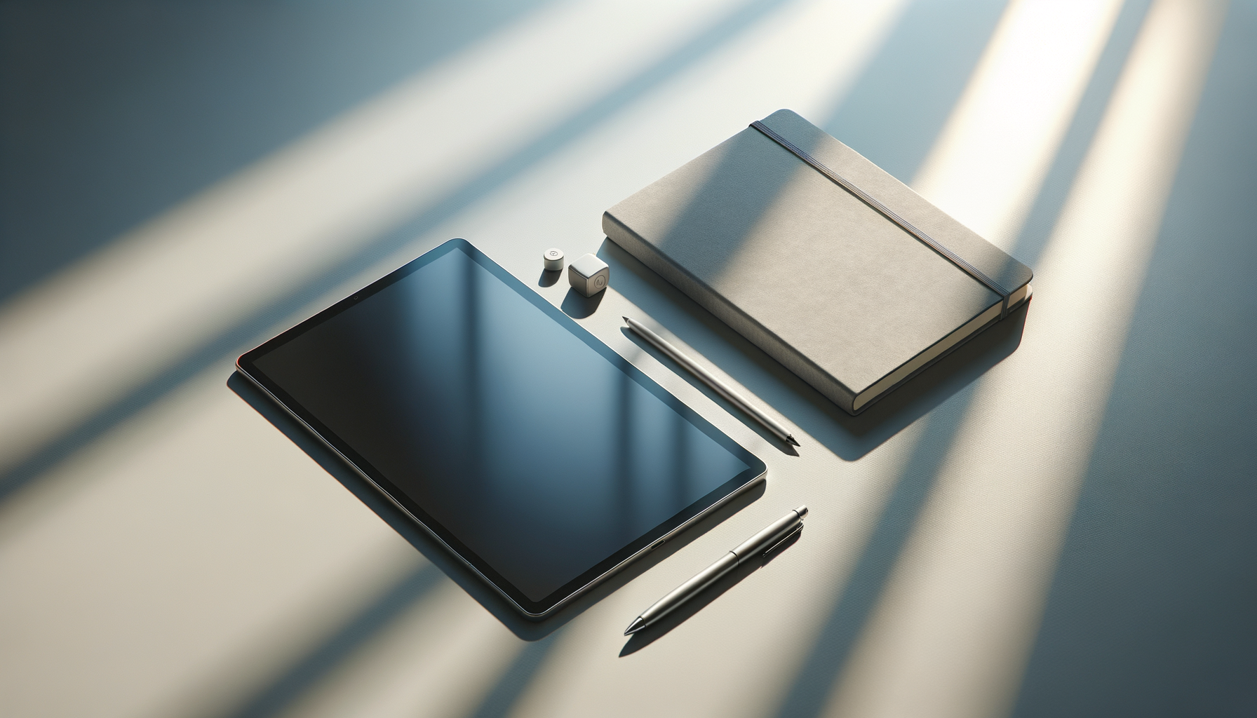 A tablet, two pens, a notebook, and earbud cases arranged on a white surface with sunlight casting shadows.