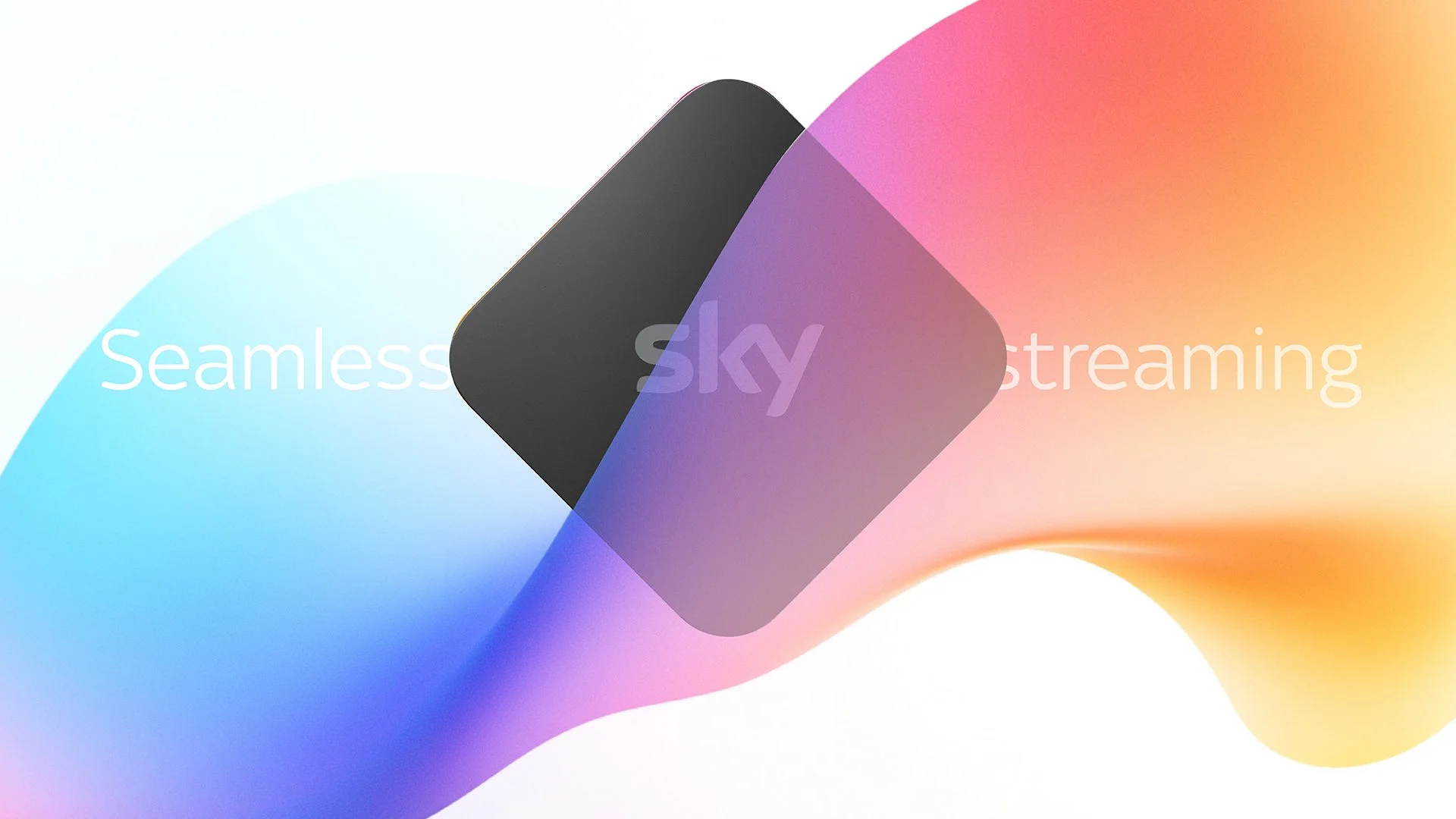 Abstract colorful background with the words 'Seamless streaming' and a black and purple geometric shape in the center.