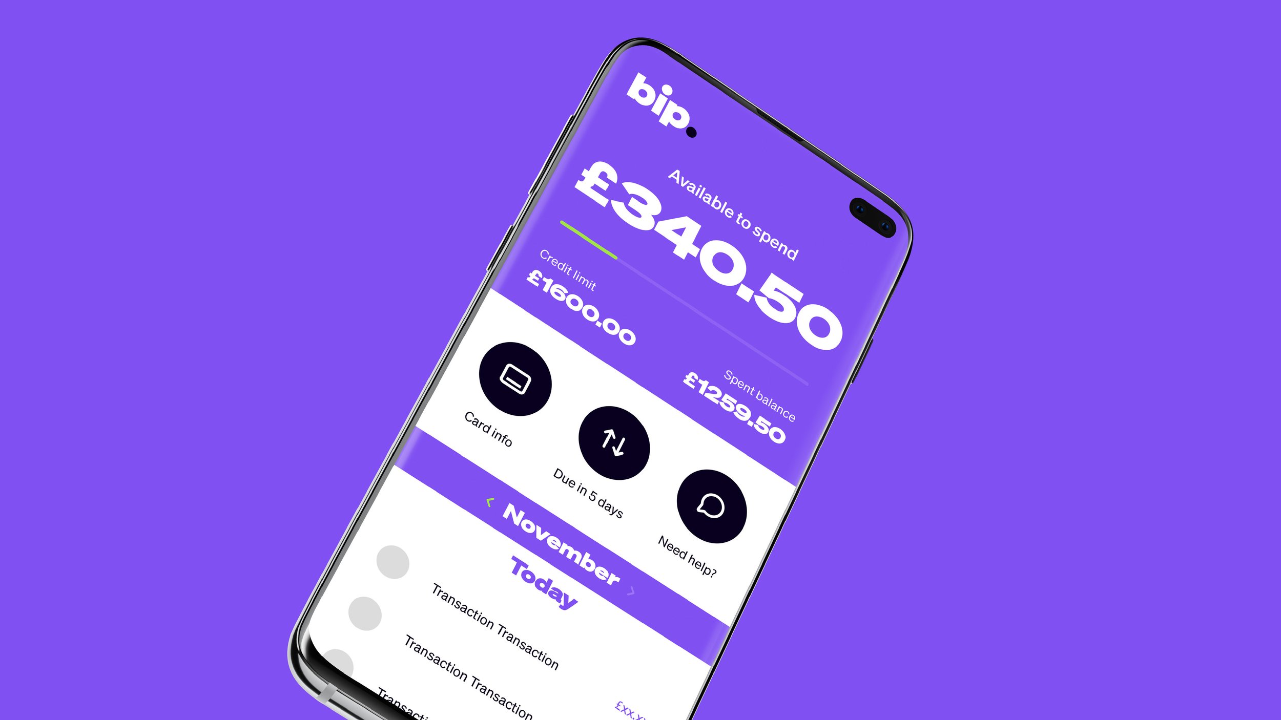 Smartphone screen displaying a budgeting app called 'bip', showing available balance of £340.50, credit limit of £160.00, and spent balance of £1259.50, with navigation icons for card info, due in 5 days, and need help, set against a purple backgroun