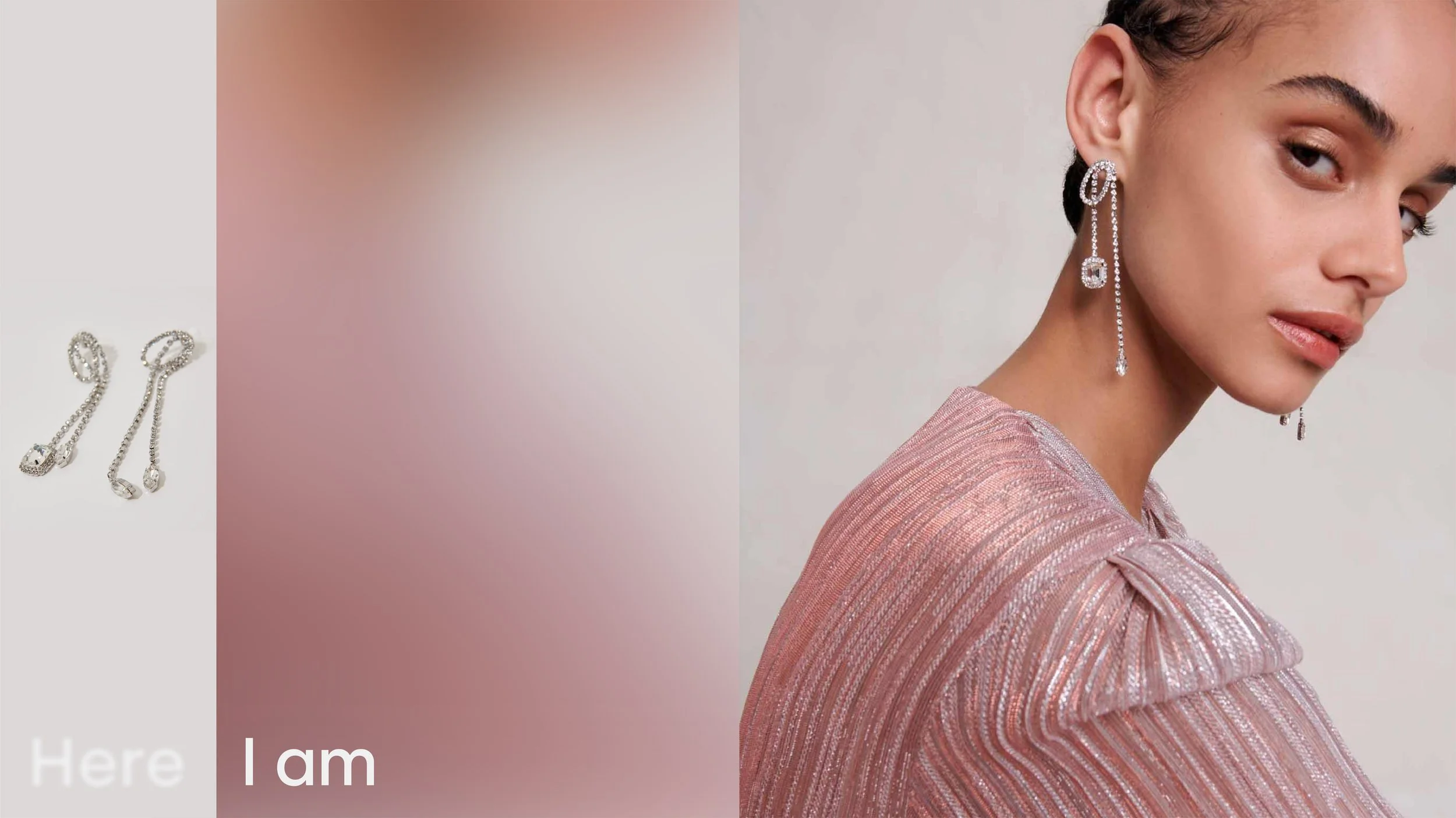 A woman with dark hair wearing large, dangling, diamond-like earrings and a shiny pink top, turned slightly to the side, with a neutral background.