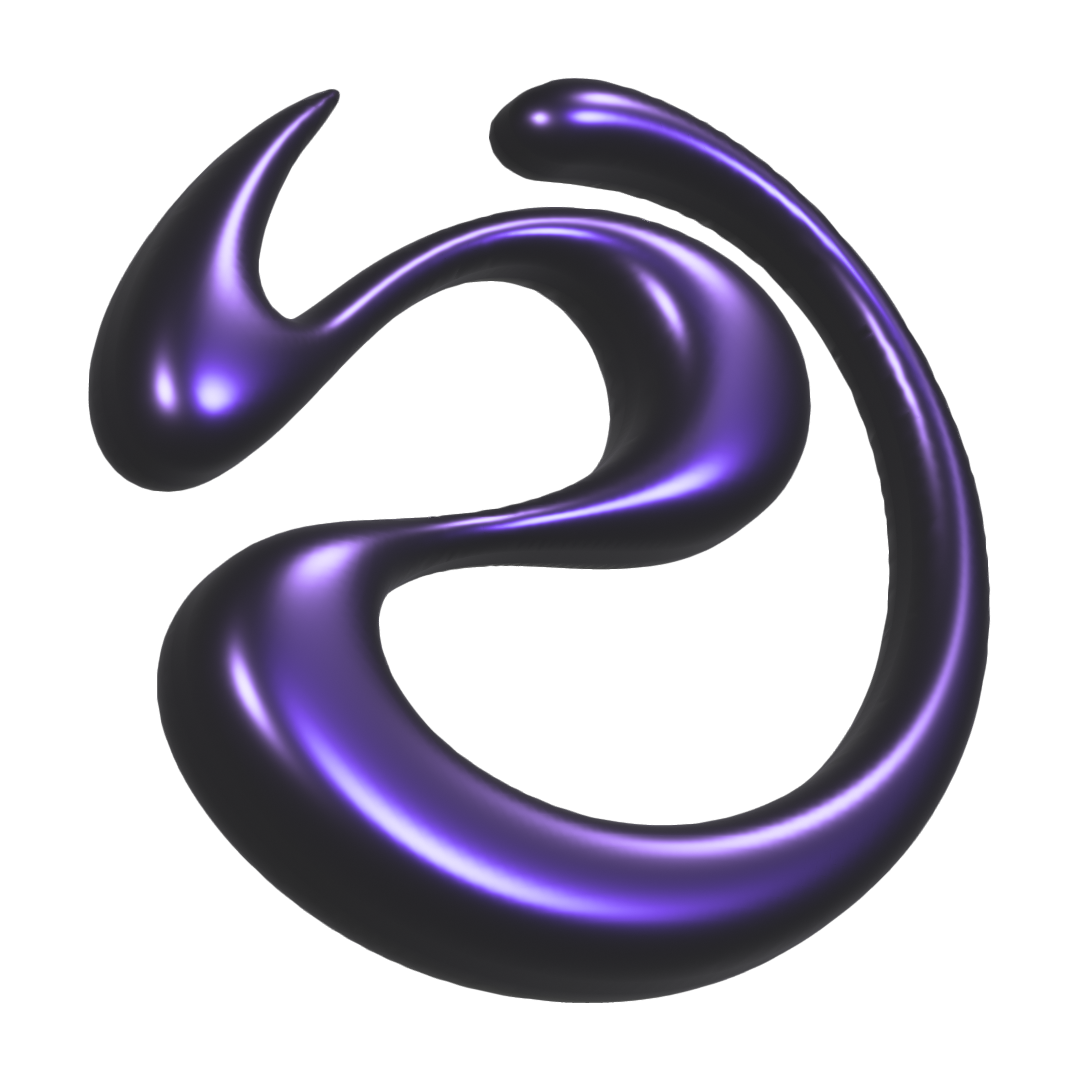 An abstract, shiny, black and purple 3D spiral sculpture or design on a black background.