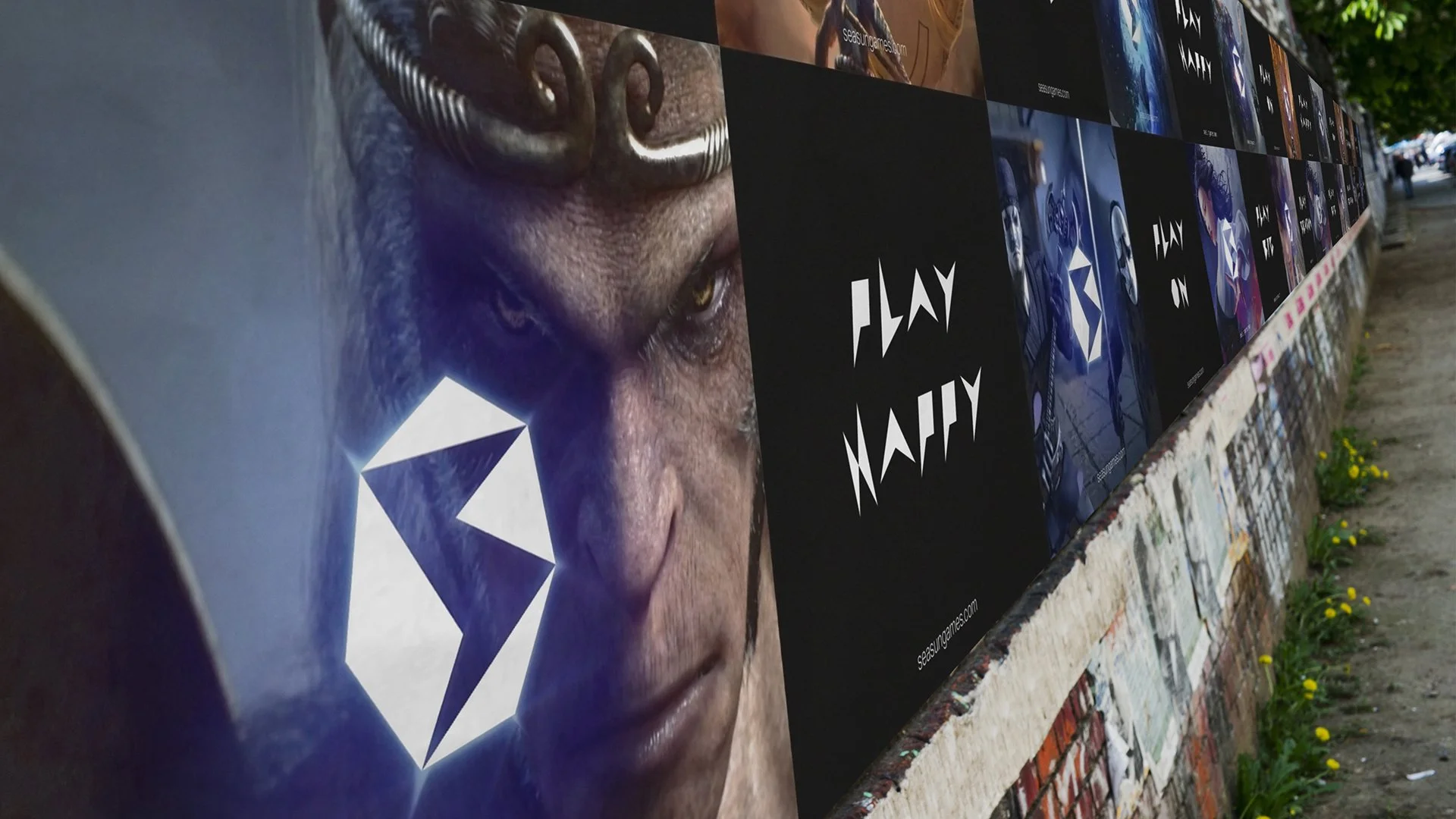 A billboard along a sidewalk displays various images, including a close-up of a person's face wearing glasses, with the words 'PLAY HARD' in stylized white font on a black background and other promotional images in the background.