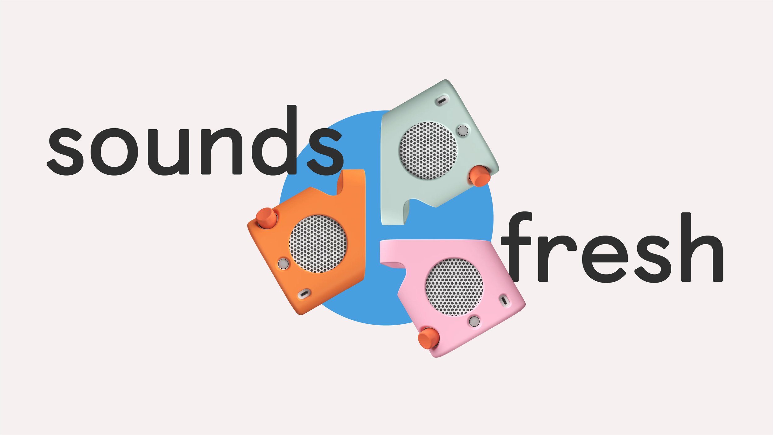 Colorful speakers arranged around a blue circle with the words 'sounds fresh' in black text.