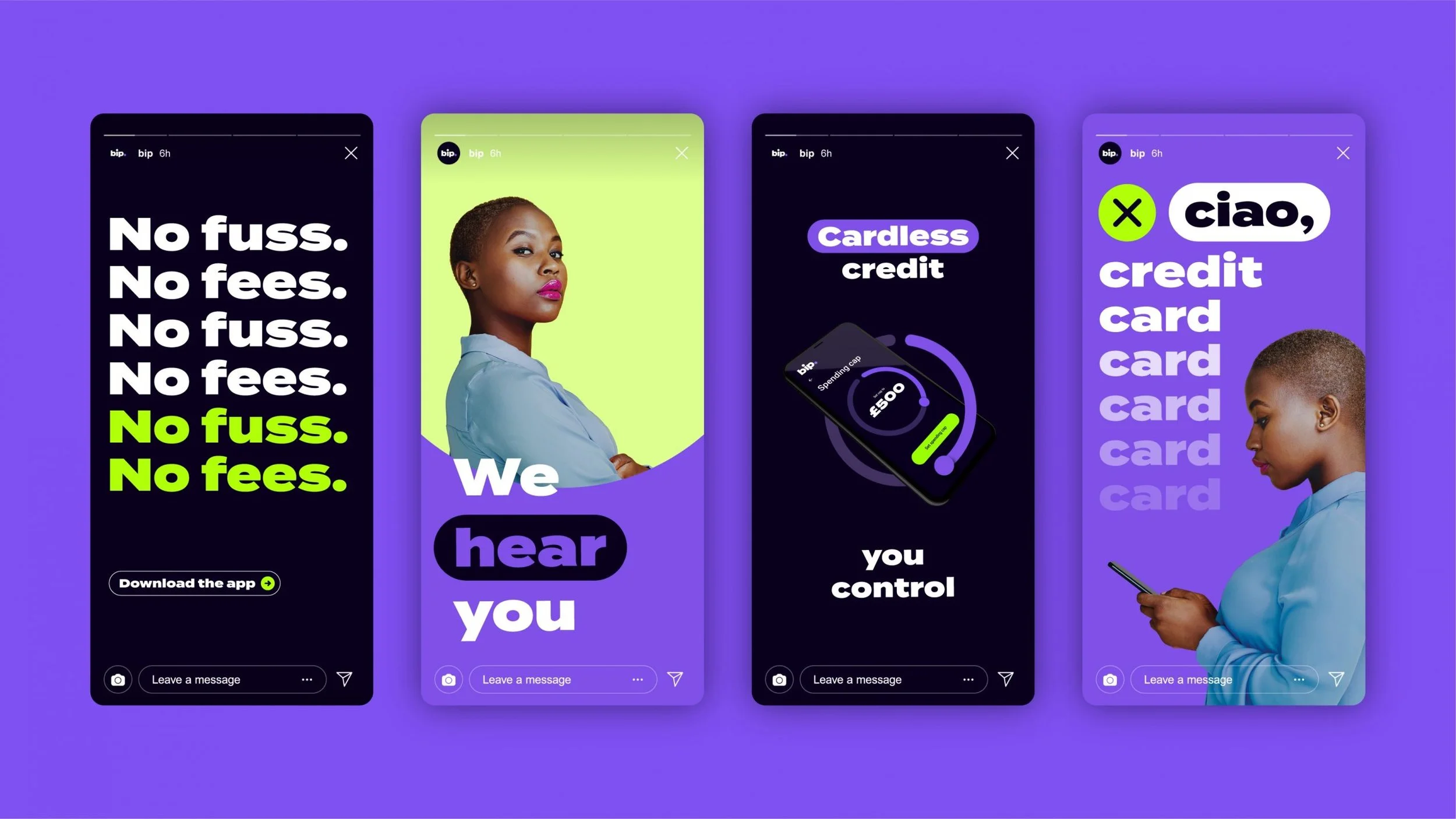 Series of four digital advertisement screens promoting a financial app with the slogan 'No fuss. No fees.' in bold text, featuring a woman with short hair looking sideways and using a phone, with vibrant purple, black, green, and white color schemes.
