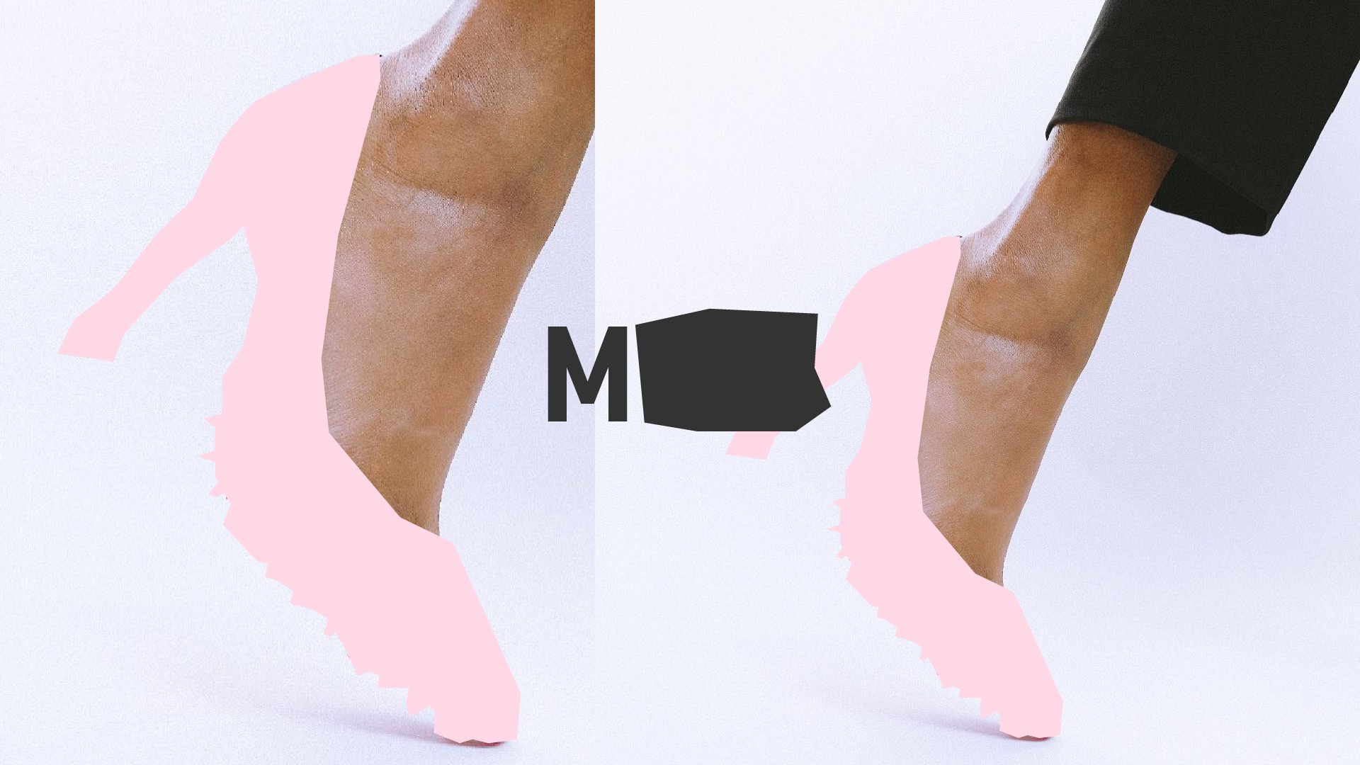 Two legs with brown skin, one wearing a black shoe and the other with pink drawn-over outlines, against a white background, with a black rectangle and the letter M in between.