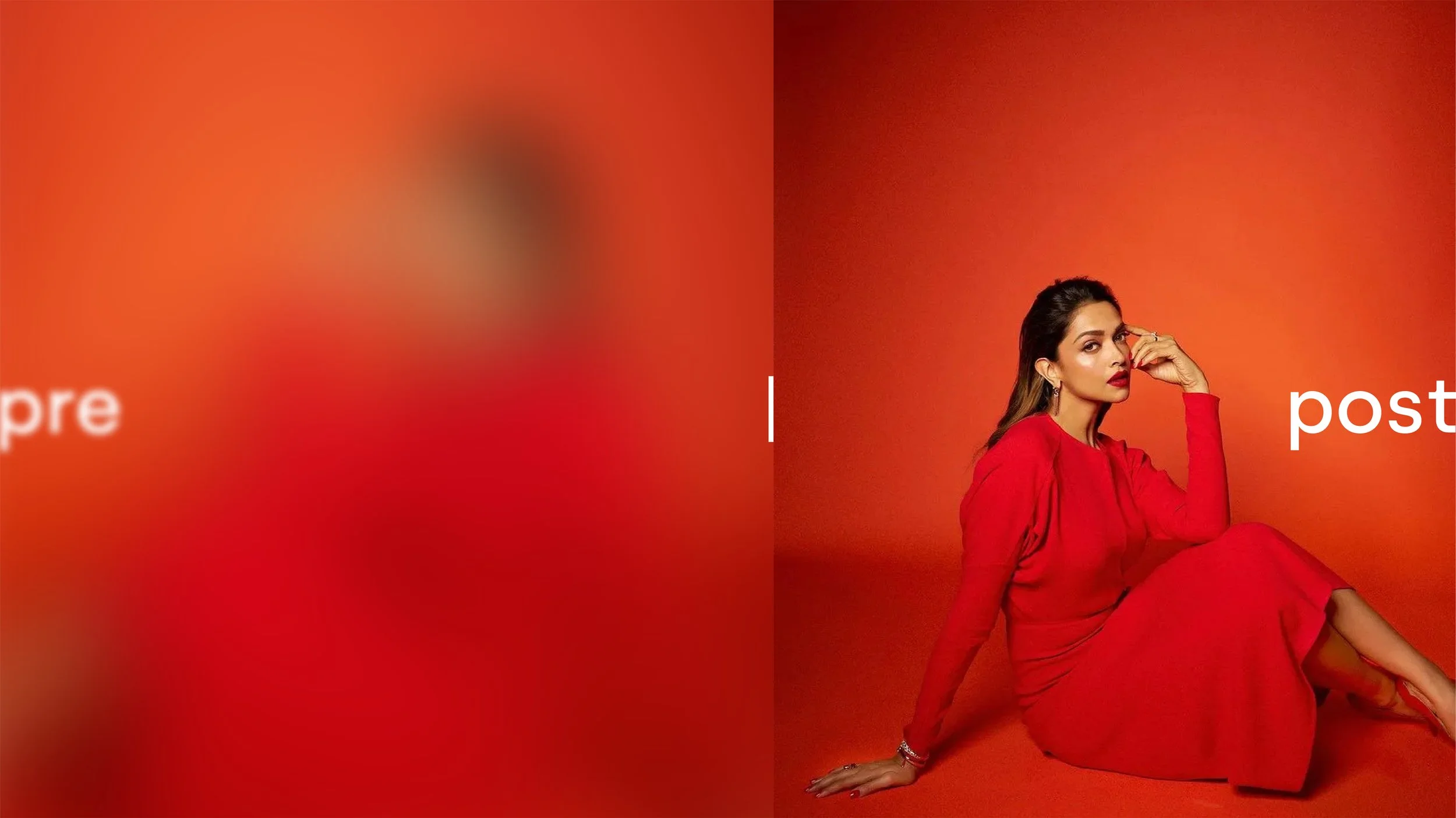 A woman in a red dress sitting on the floor against an orange background, holding her nose with an expression of disgust. Partially visible white text says "pre" on the left and "post" on the right.