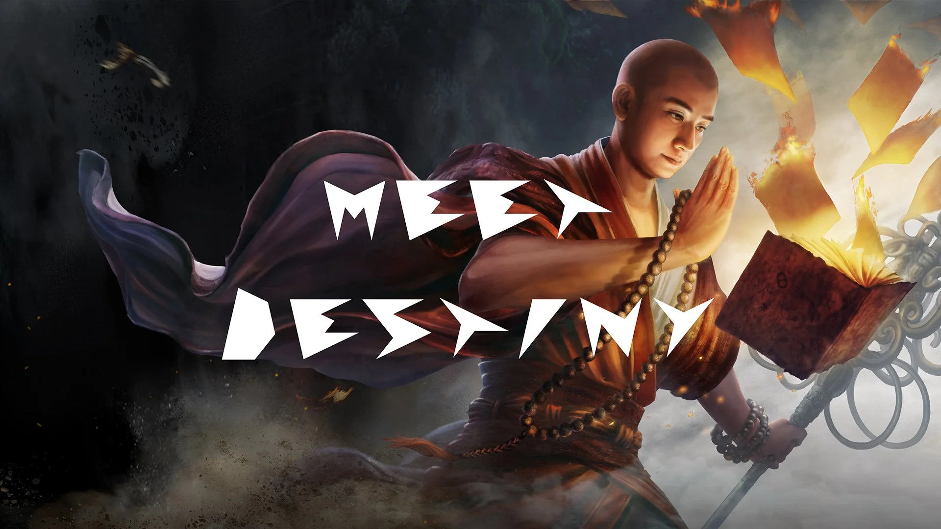 A mystical monk with a shaved head and prayer beads, wearing a flowing robe, is conjuring a magical floating book engulfed in flames, with the words 'Meet Destiny' in white stylized text across the image.