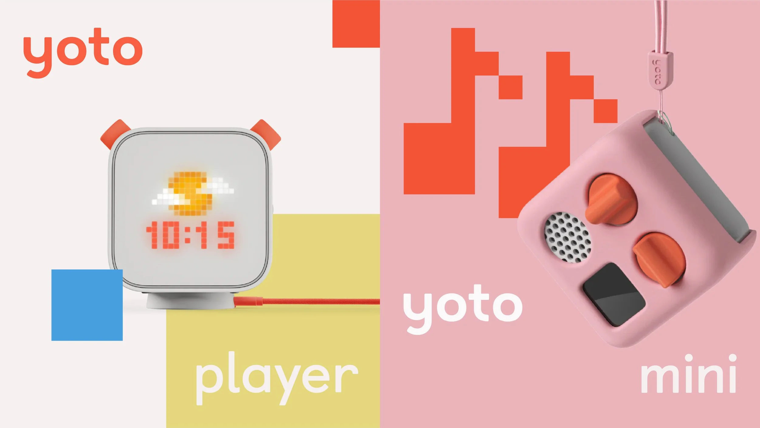 Comparison of two Yoto audio devices: on the left, a Yoto Player with a pixelated weather icon and digital time display, on the right, a pink Yoto Mini with pixel art design and knobs.