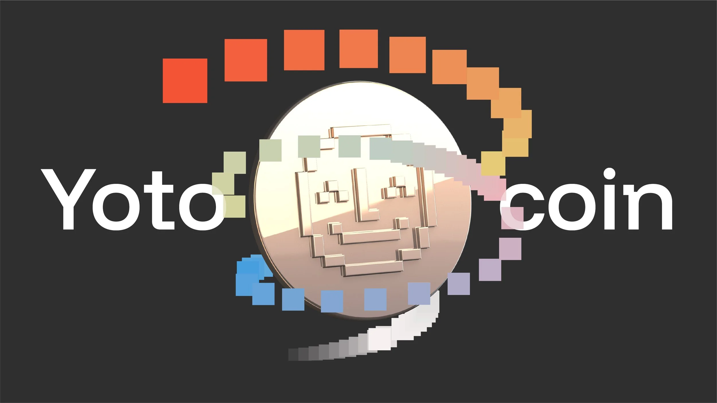 A digital graphic of a cryptocurrency coin with a digital smiling face design, surrounded by a colorful pixelated rainbow pattern, with the text 'Yoto coin' displayed across the image.