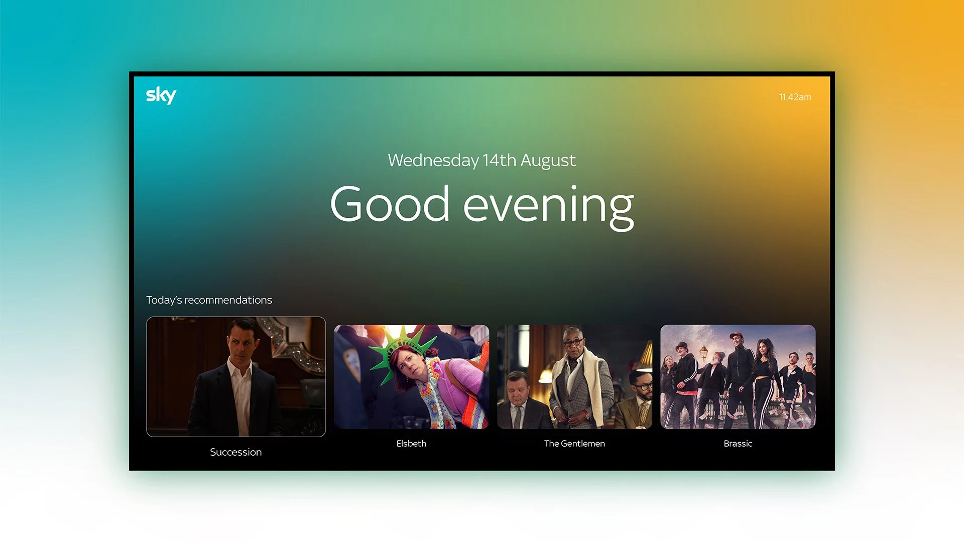A digital TV interface displaying the time, date, and a greeting message, with recommended TV shows below, on a gradient background.