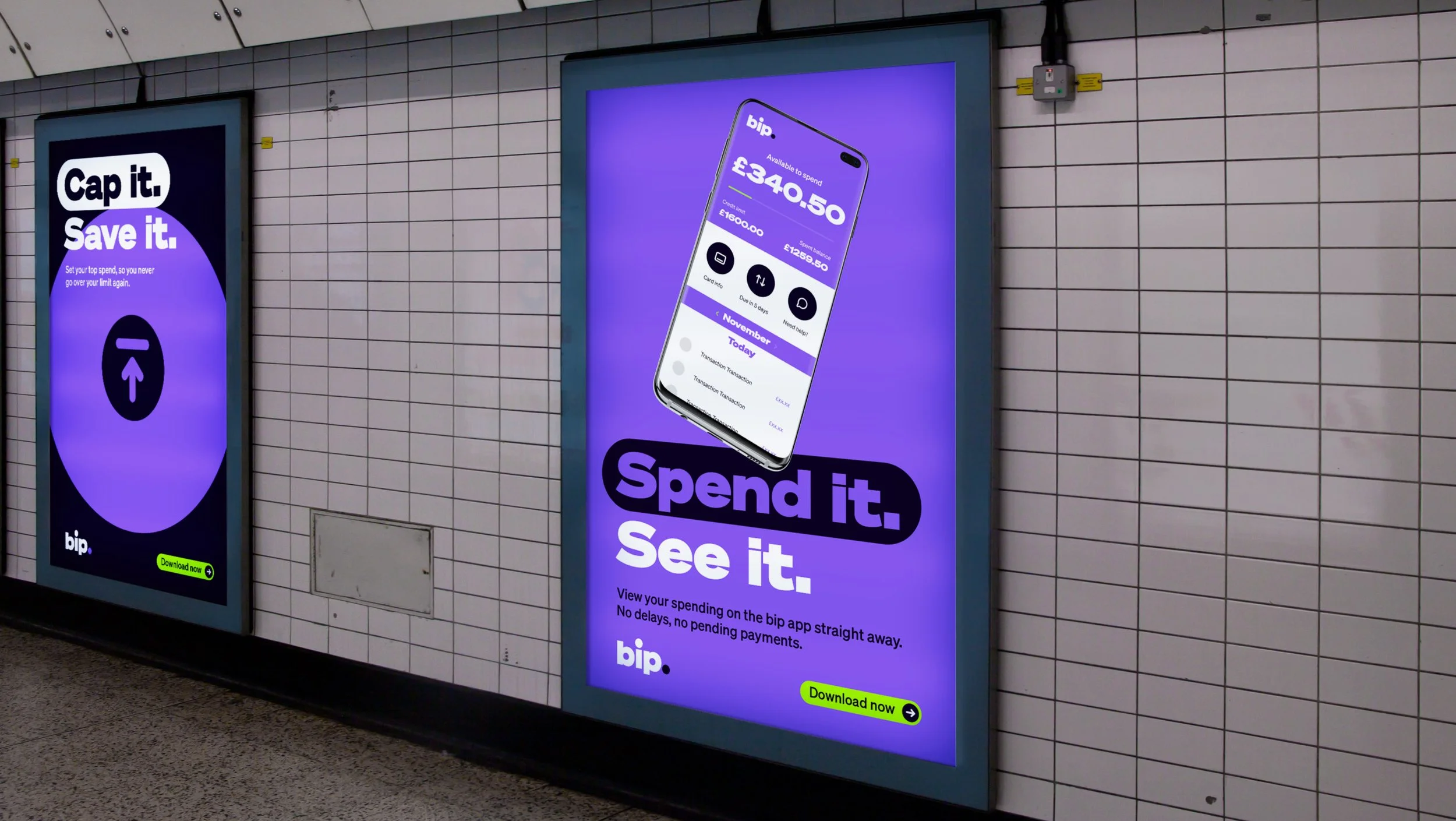 Digital advertisement in a subway station for the bip banking app, showing a smartphone screen with account balance and transaction options, encouraging users to spend and see their spending. The ad features a purple background with bold black and wh