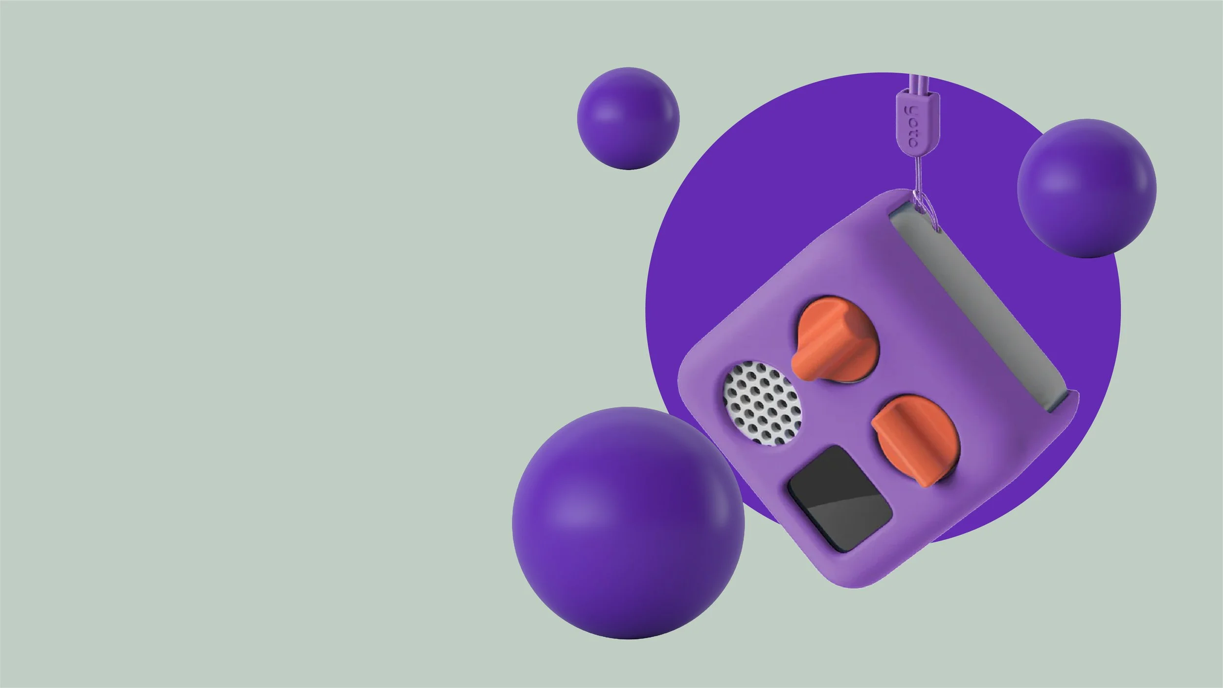A purple toy boombox with orange speakers and a black button, surrounded by purple spheres, on a light green background.