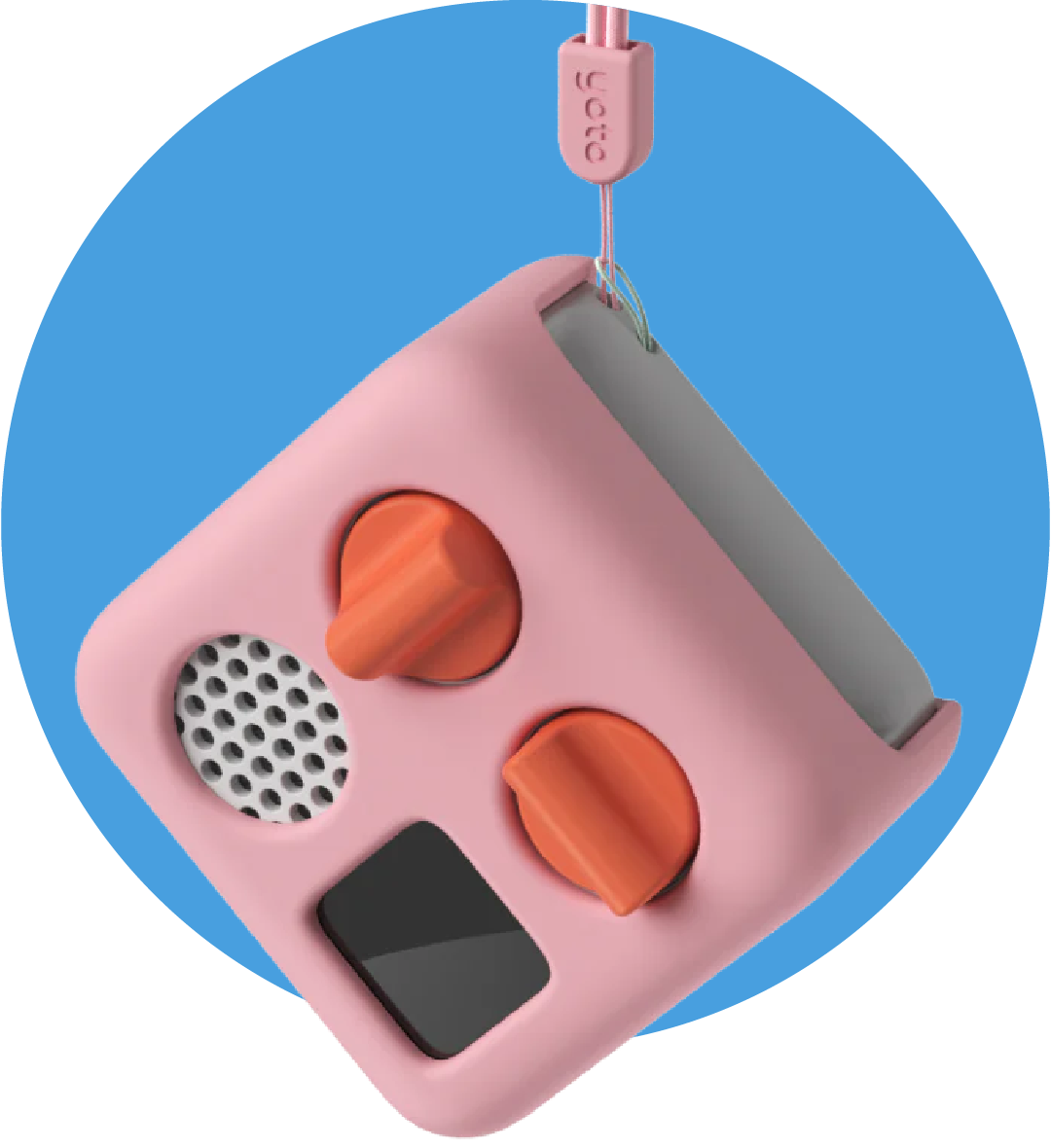 A pink toy vacuum cleaner with orange wheels, black details, gray handle, and a pink cord, set against a blue background.