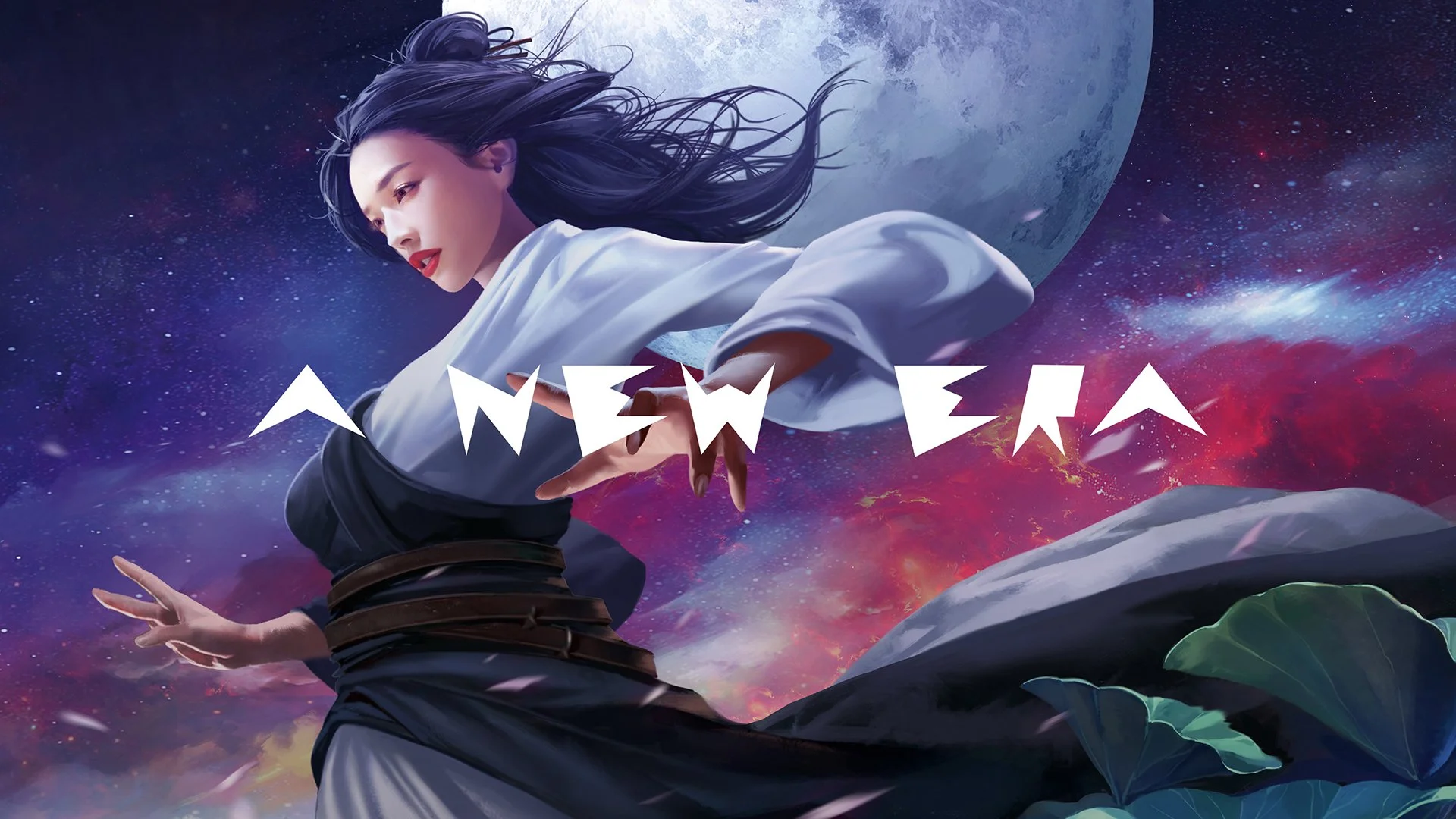 An illustration of a woman with dark hair in a white and black outfit, reaching out with her right hand. She is set against a cosmic background with stars, a large moon, and colorful nebulae. The words "A NEW ERA" are displayed across the middle of t