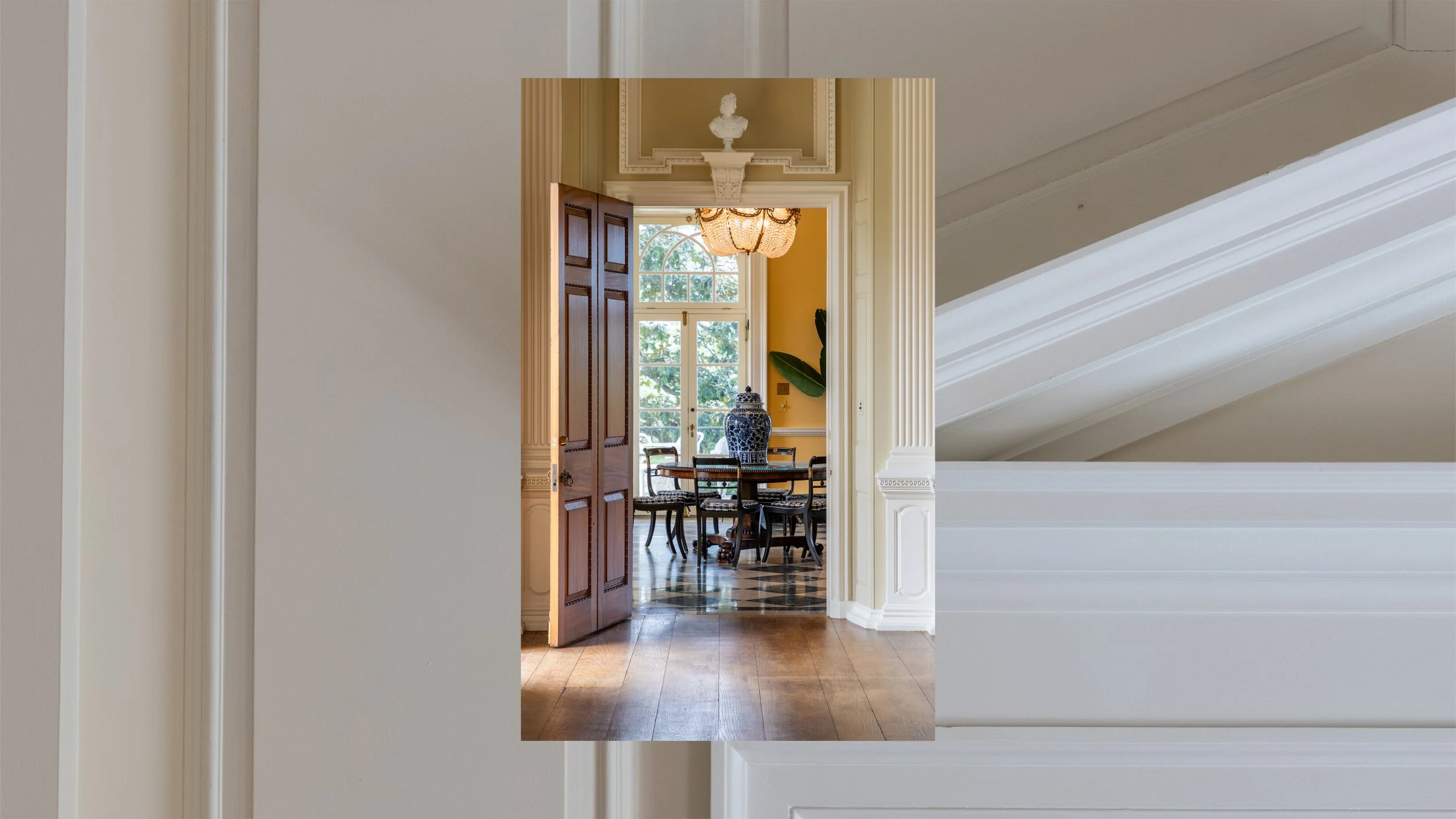 Two interior shots of a elegant home overlaid one on top of the other, making an abstract branded luxurious-feeling house advert.