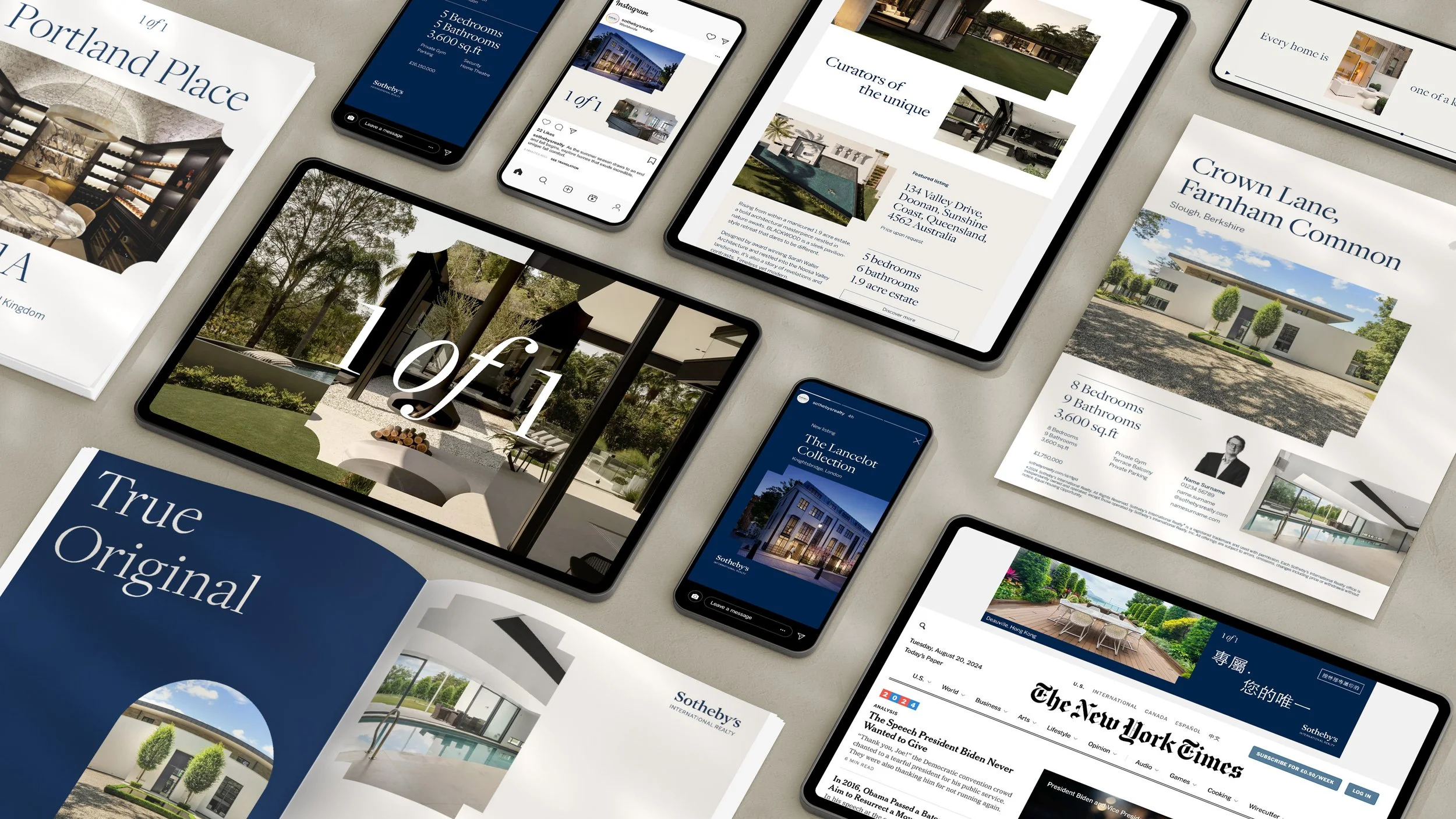Collection of digital tablets, smartphones, and printed print media displaying real estate property listings, advertisements, and news articles.