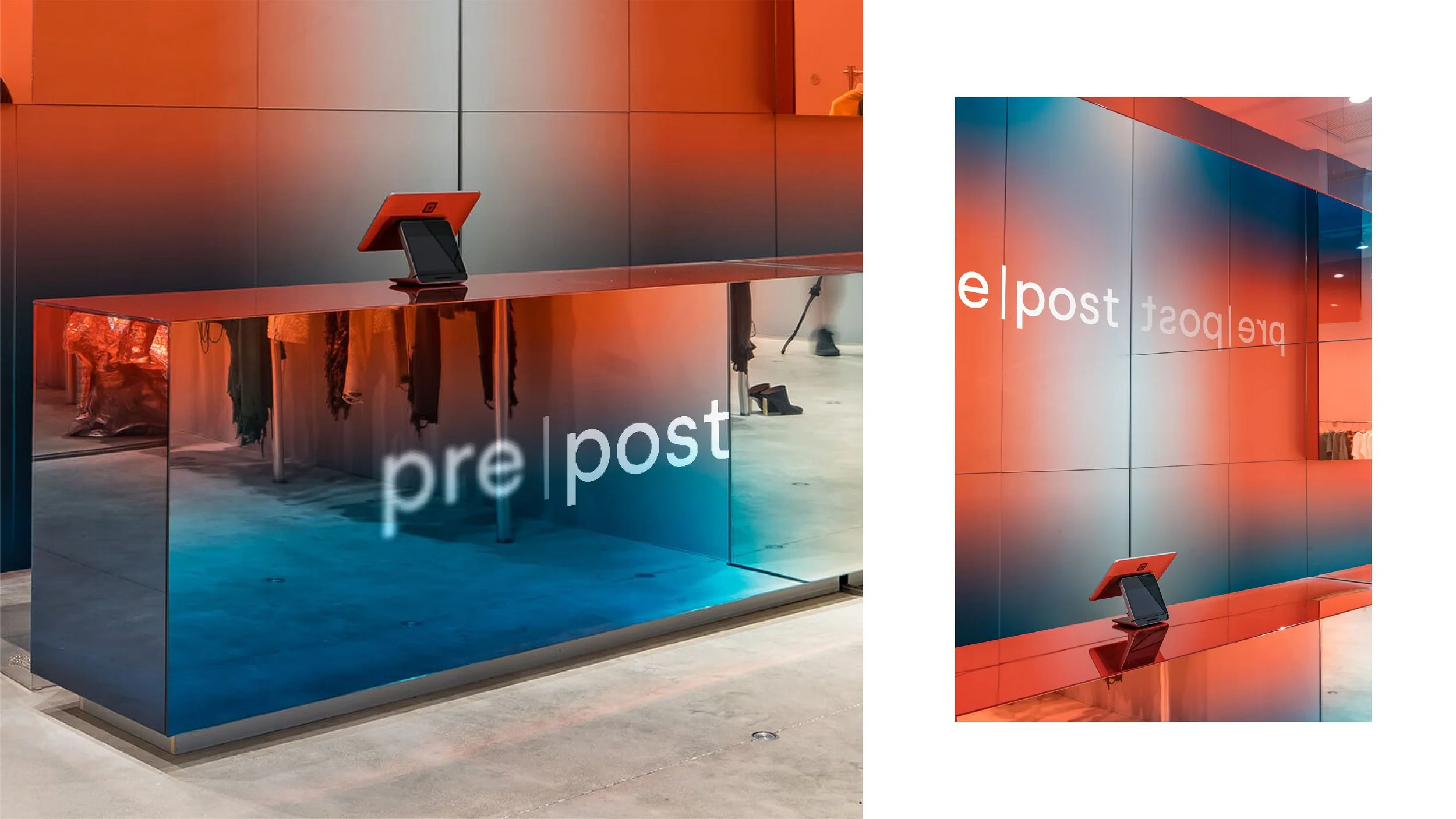 A modern reception desk with a reflective, multicolored surface in red and blue tones, positioned against a black wall, with a tablet on top and clothing items hanging behind it. Overlaid text reads 'pre post' and 'post' in white, with the latter ref