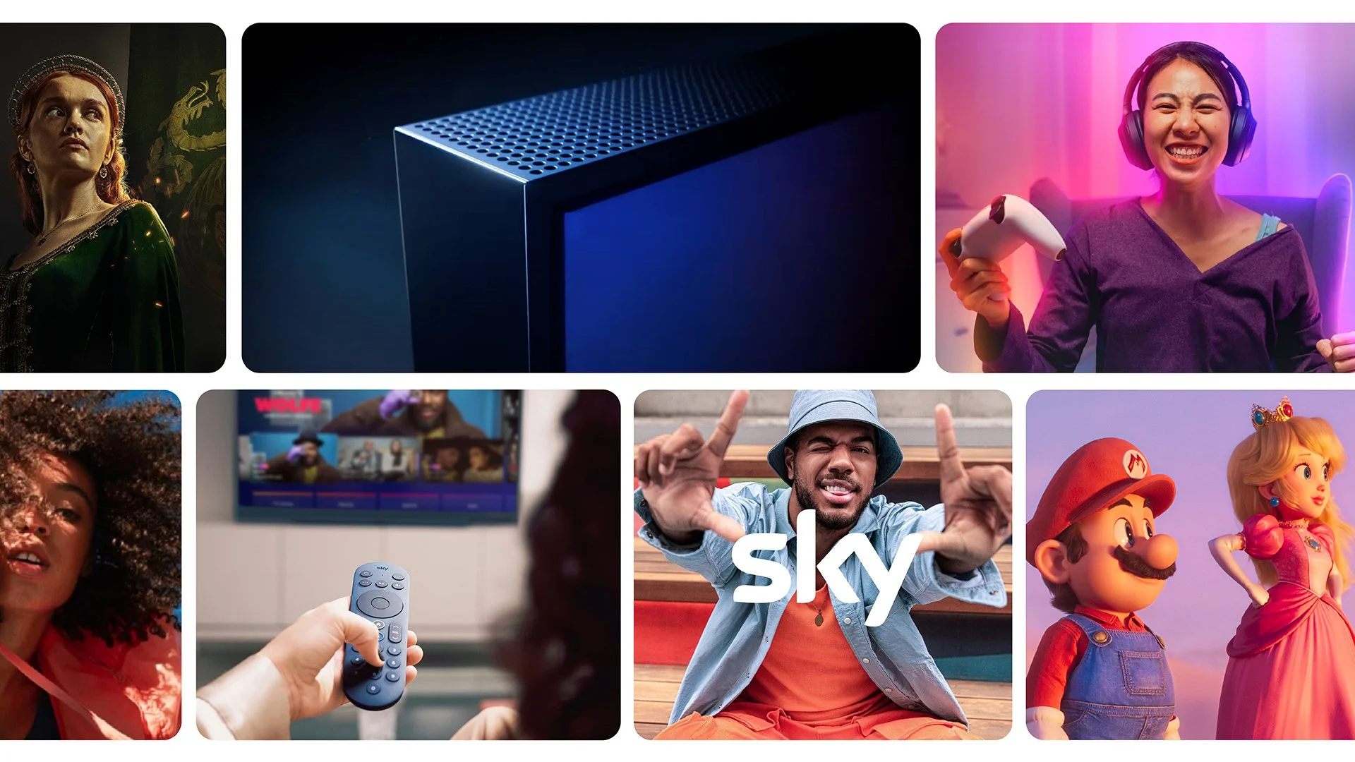 Collage of people engaging in entertainment activities, including a woman with game controller, a man watching TV, a woman with headphones smiling, two animated characters from Mario and Princess Peach, a person taking a photo, and a woman with a vin