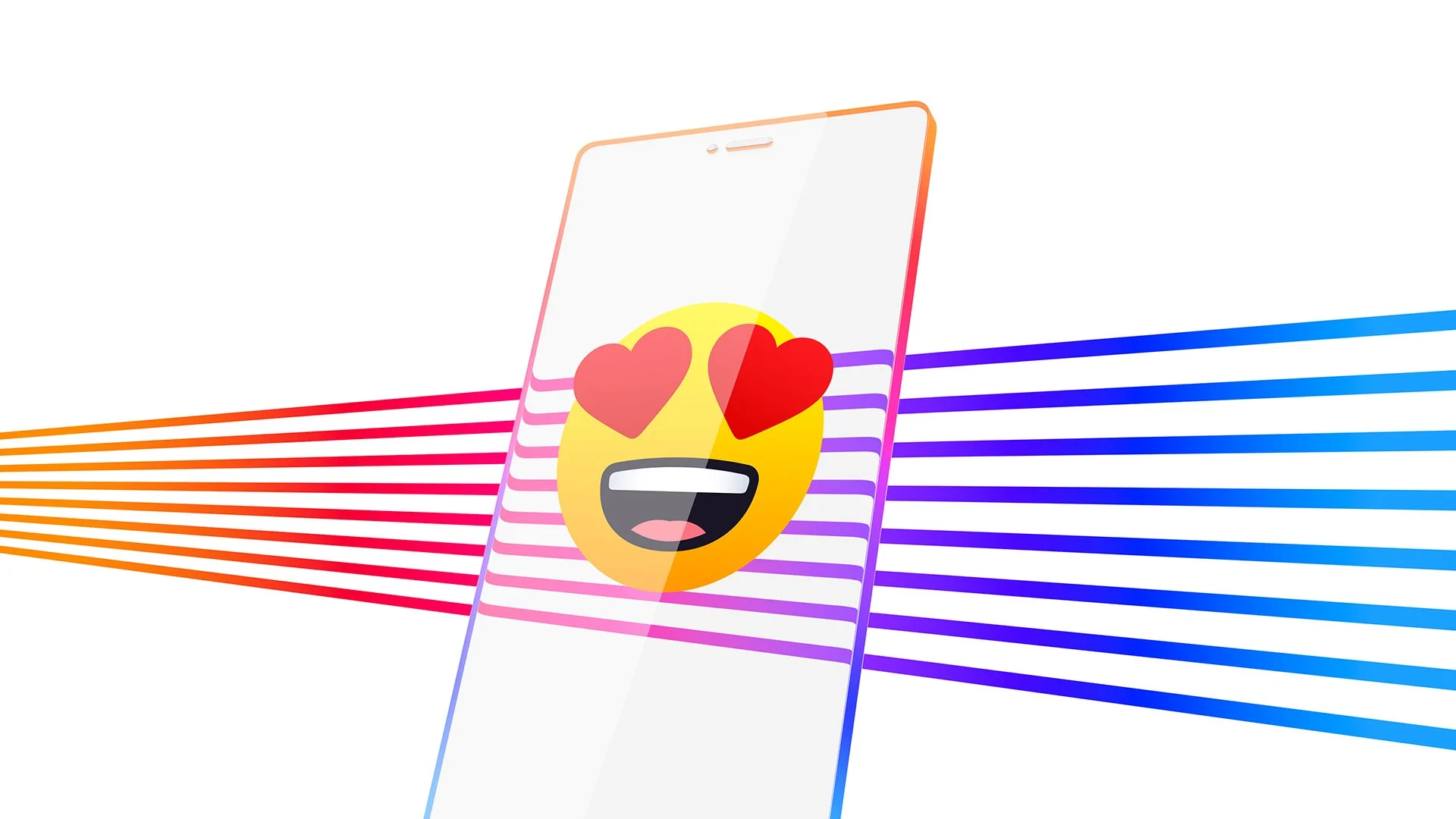 A smartphone with a heart-eyes emoji displayed on the screen. Colorful lines emanate from both sides of the phone, transitioning from orange to purple to blue.