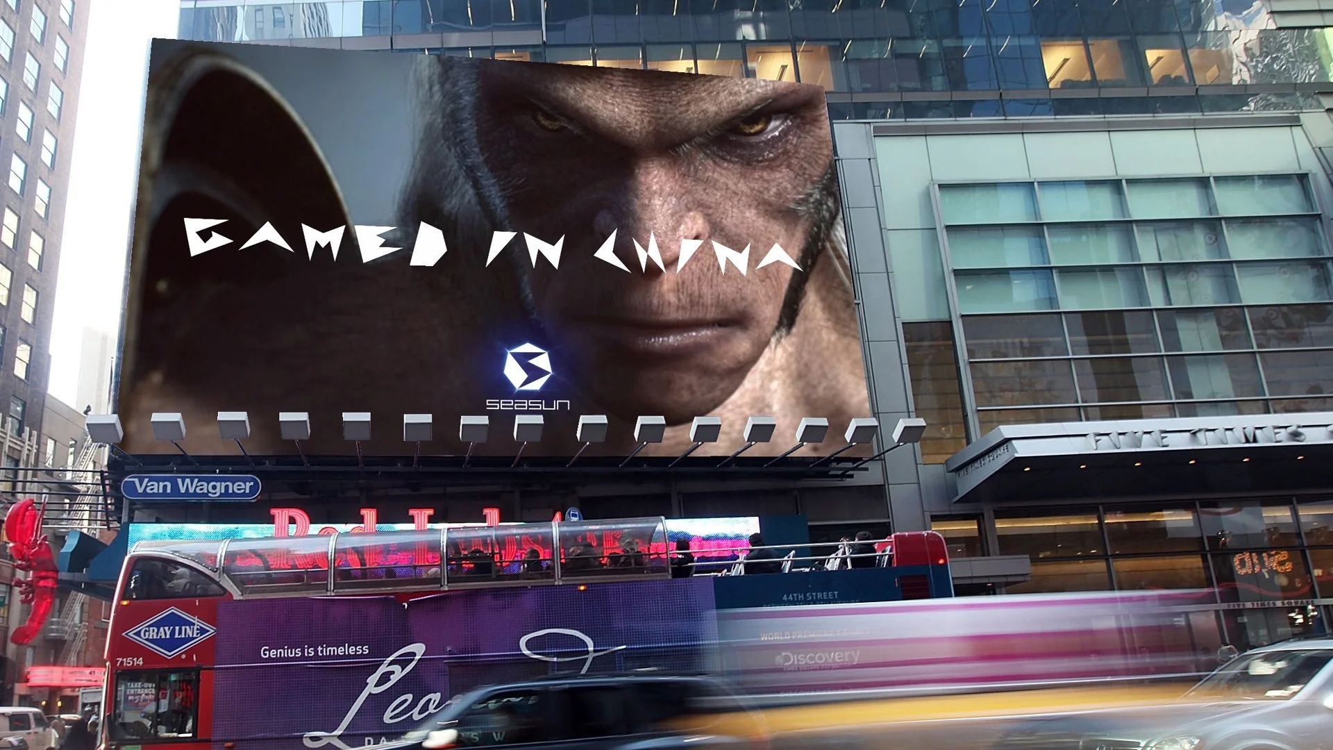 Large billboard with a close-up of a person's face, partially obscured by an opaque black rectangle with the words 'BASED IN CHINA' in stylized white letters, and the 'Season 5' logo. There is a red double-decker bus in front of the billboard, with a