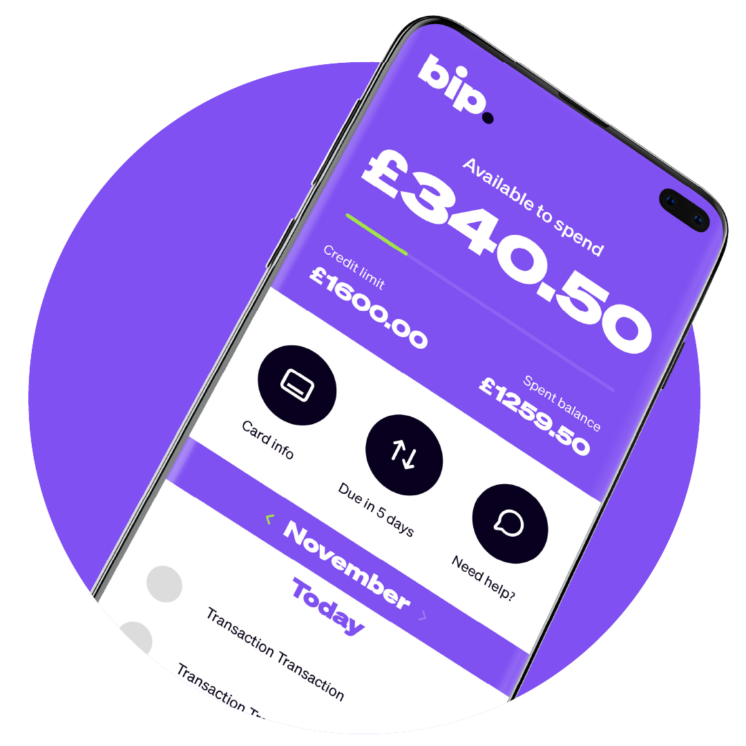 A smartphone displaying a digital banking app with a purple theme, showing available balance, credit limit, and recent transactions.