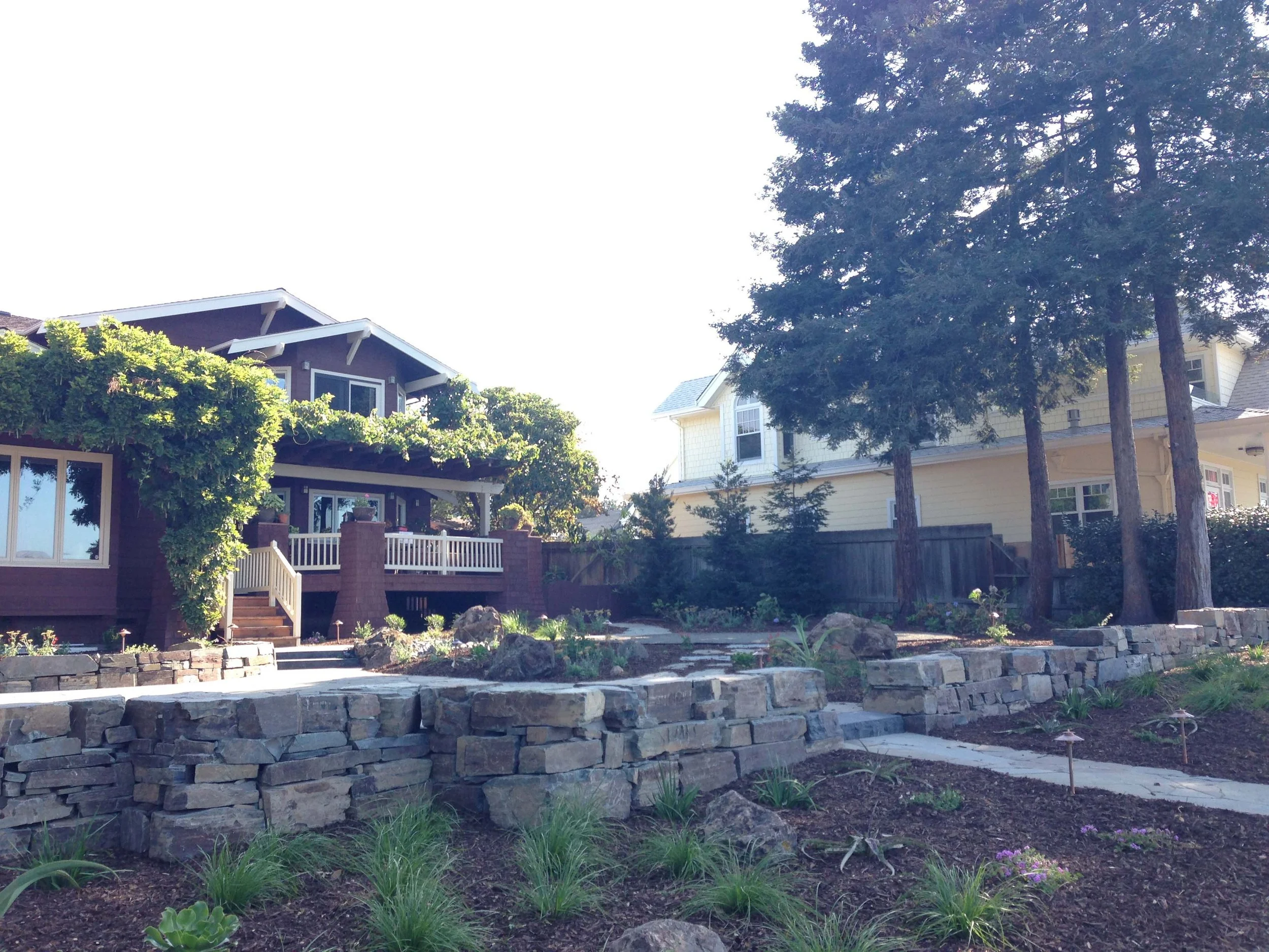 Residential backyard with flagstone patio and hand built stone retaining wall, with a native plant garden, trees, and a house in the background under bright sunlight.