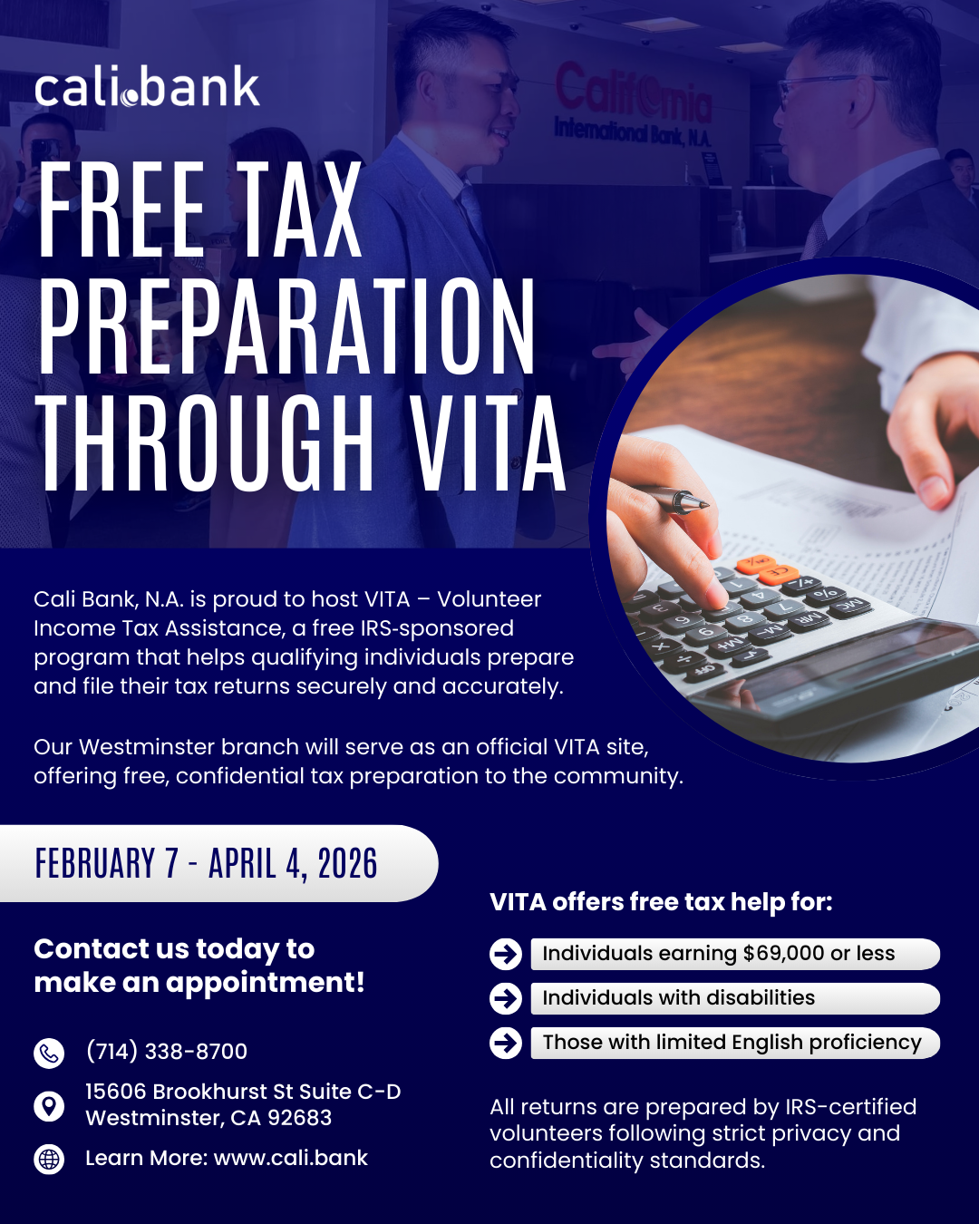 Free Tax Preparation Through VITA with Cali Bank