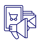 Icon of a smartphone with a shopping cart, a megaphone, and an envelope, all in dark blue lines.