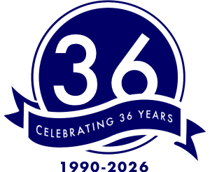 Emblem celebrating 36 years from 1990 to 2026 with the number 36 in a circle and a banner reading 'Celebrating 36 Years'