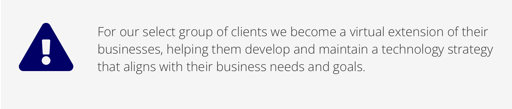 A warning icon with an exclamation mark inside a triangle appears next to a paragraph about helping clients develop and maintain a technology strategy for their business.